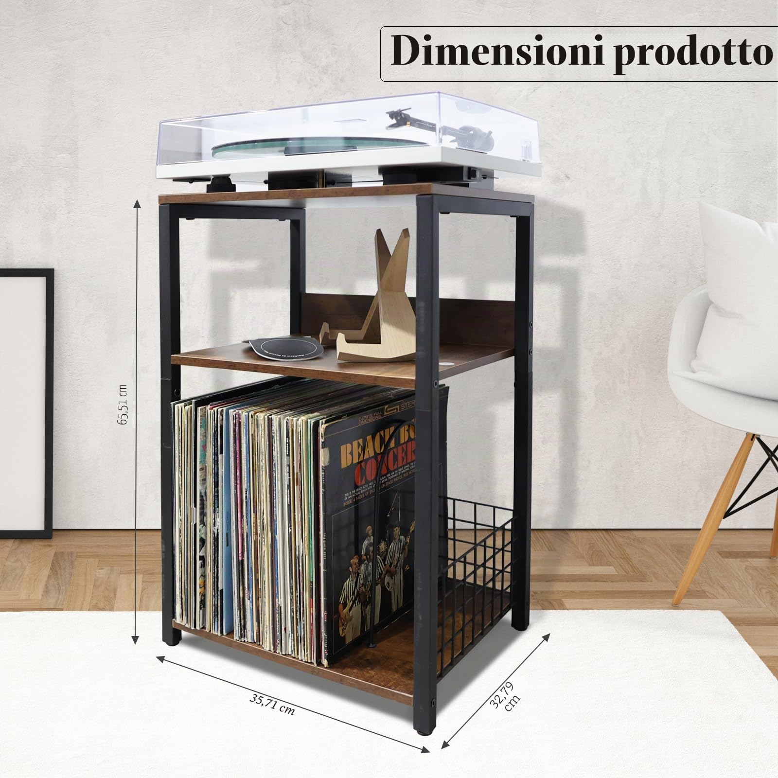 MayRecords Supporto per giradischi, tavolino con 3 ripiani in vinile, supporto per riporre fino a 100 album, supporto marrone per soggiorno, camera da letto