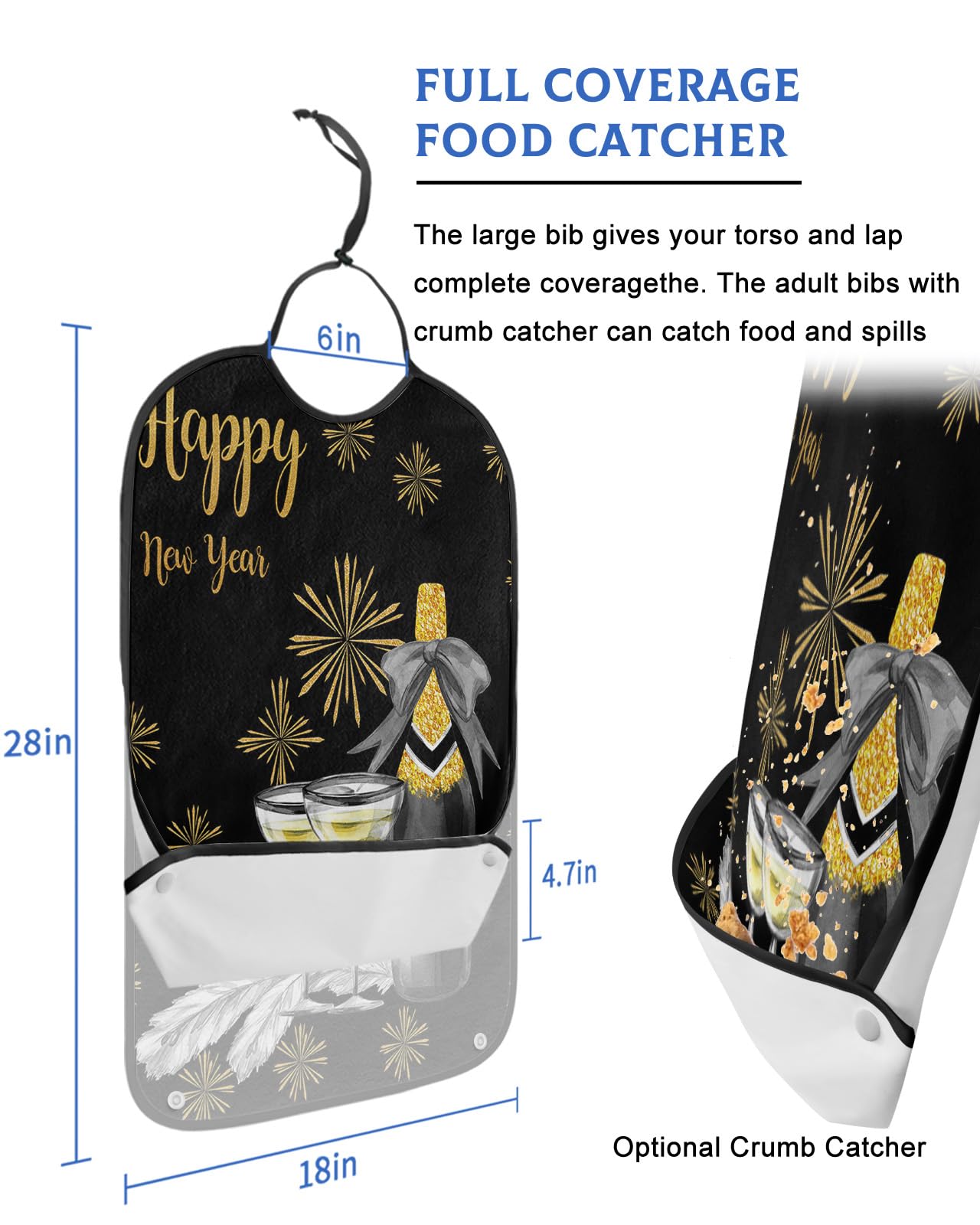 LEOKOTI Hapyy New Year Adult Bibs for Eating, Waterproof Bibs with Food Catcher & Adjustable Snap Closure, Yellow Firework Champagne Classic Black Washable Clothing Protectors Adult Bibs for Elderly