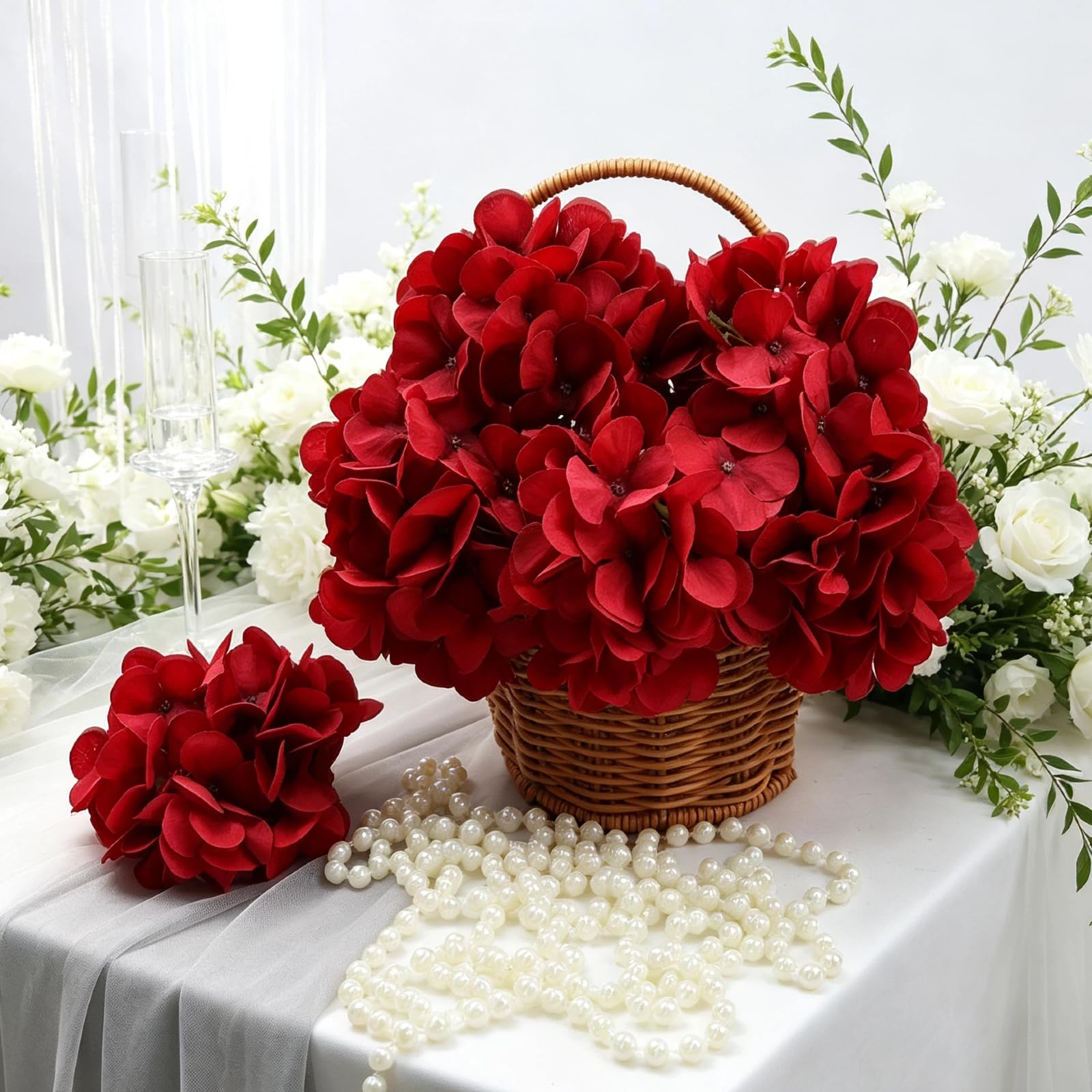 104 flores artificiales de hortensias de seda, color rojo