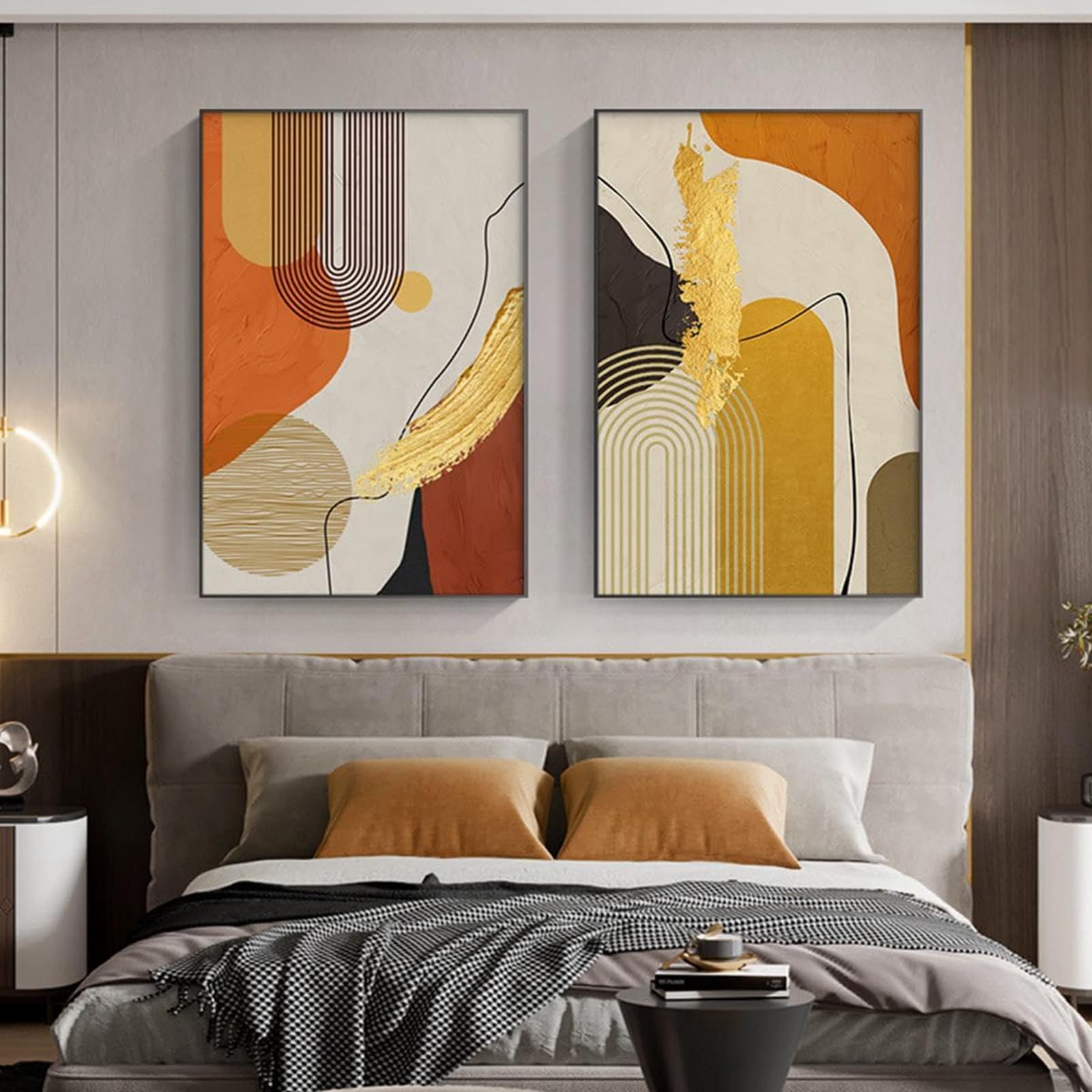 Tableaux Decoratifs Muraux Abstraites Ligne Géométrique Orange Jaune Impression sur Toile Affiche Tableau Decoration Murale Salon,pour Salon et Chambre à Coucher Deco Maison (Sans Cadre,3X60X80CM)
