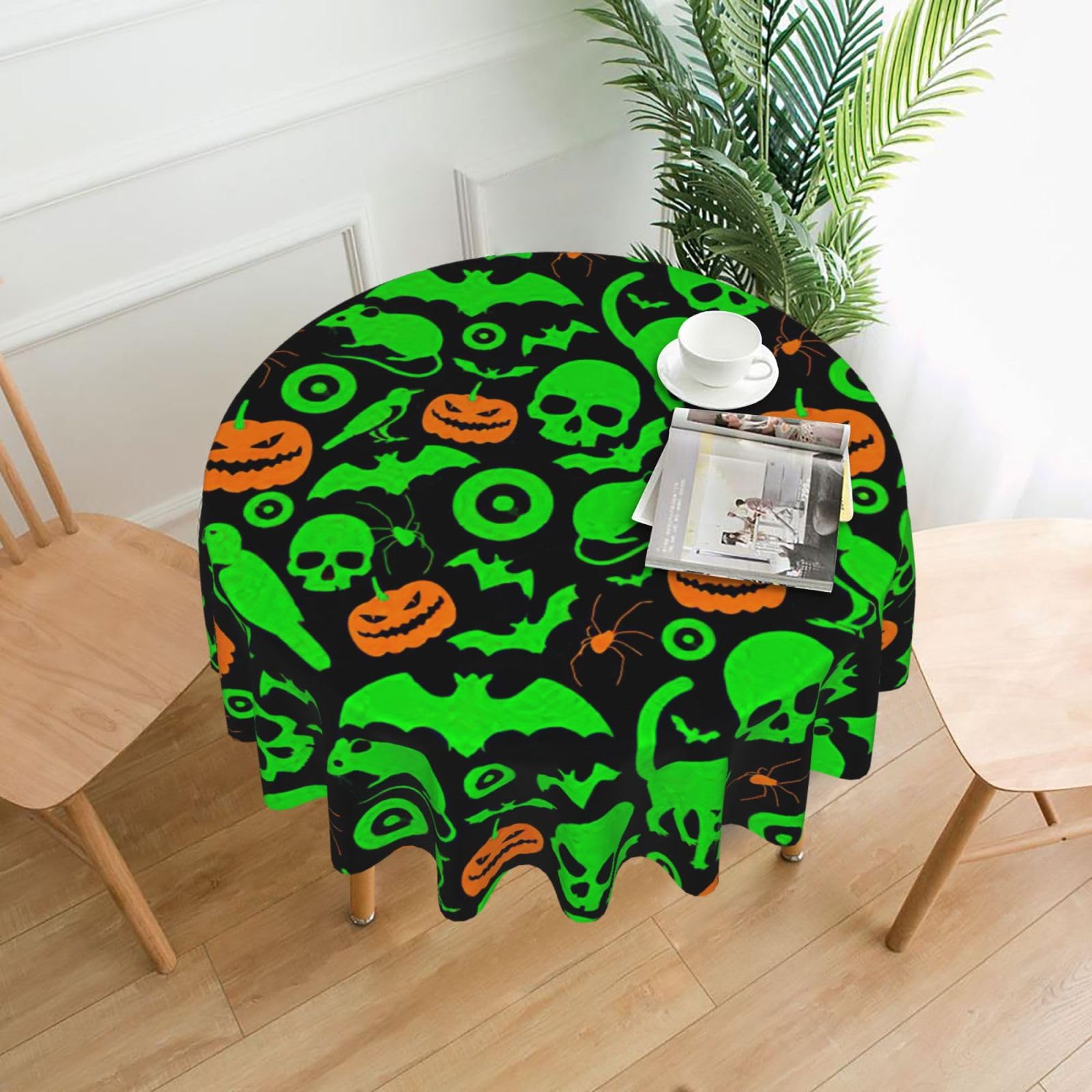 SDEGTHO Green Ghost Horror Halloween Pumpkin Print Modern Retro Round Tablecloth 60in Polyester Fabric Cover for Party Dining Table Washable