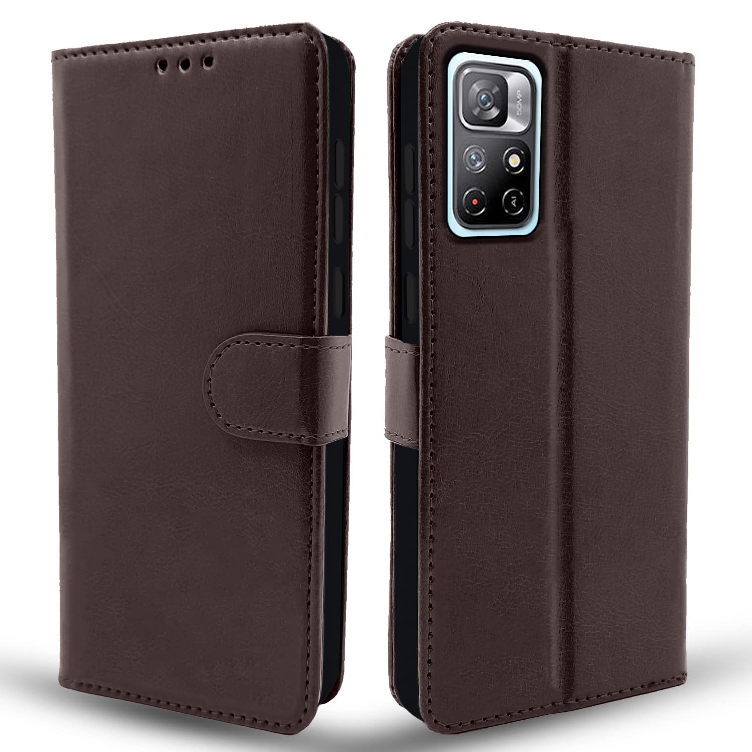 Pikkme Mi Redmi Note 11T 5G / Poco M4 Pro 5G Flip Case Leather Finish | Inside TPU with Card Pockets | Wallet Stand and Shock Proof | Magnetic Closing | Complete Protection Flip Cover (Coffee)