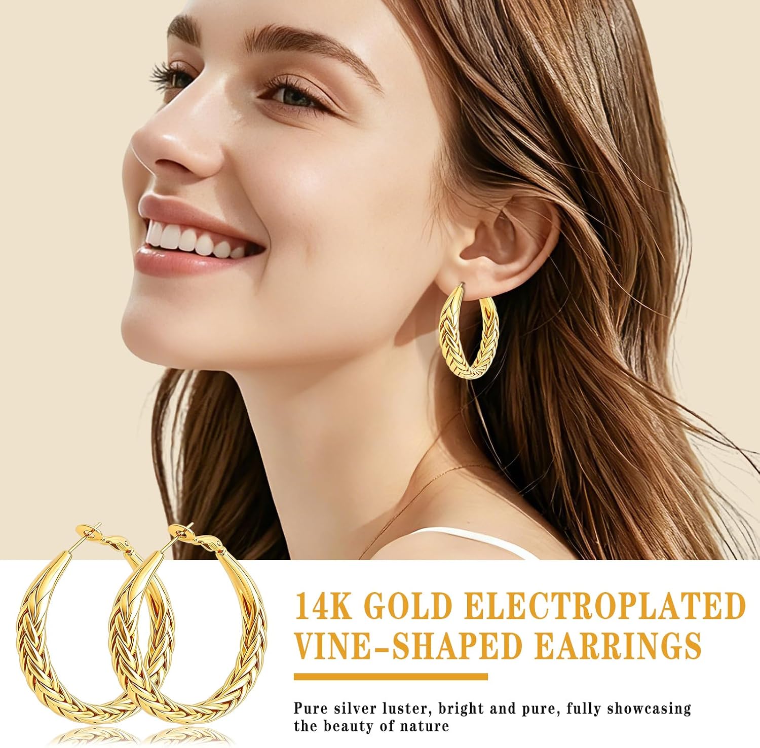 Gold Hoop Earrings, 14K Gold Plated Hoop Earrings for Women, Twisted Classic & Timeless Weave Design, Birthday/Valentine's/Mother’s Day Gifts (30MM)