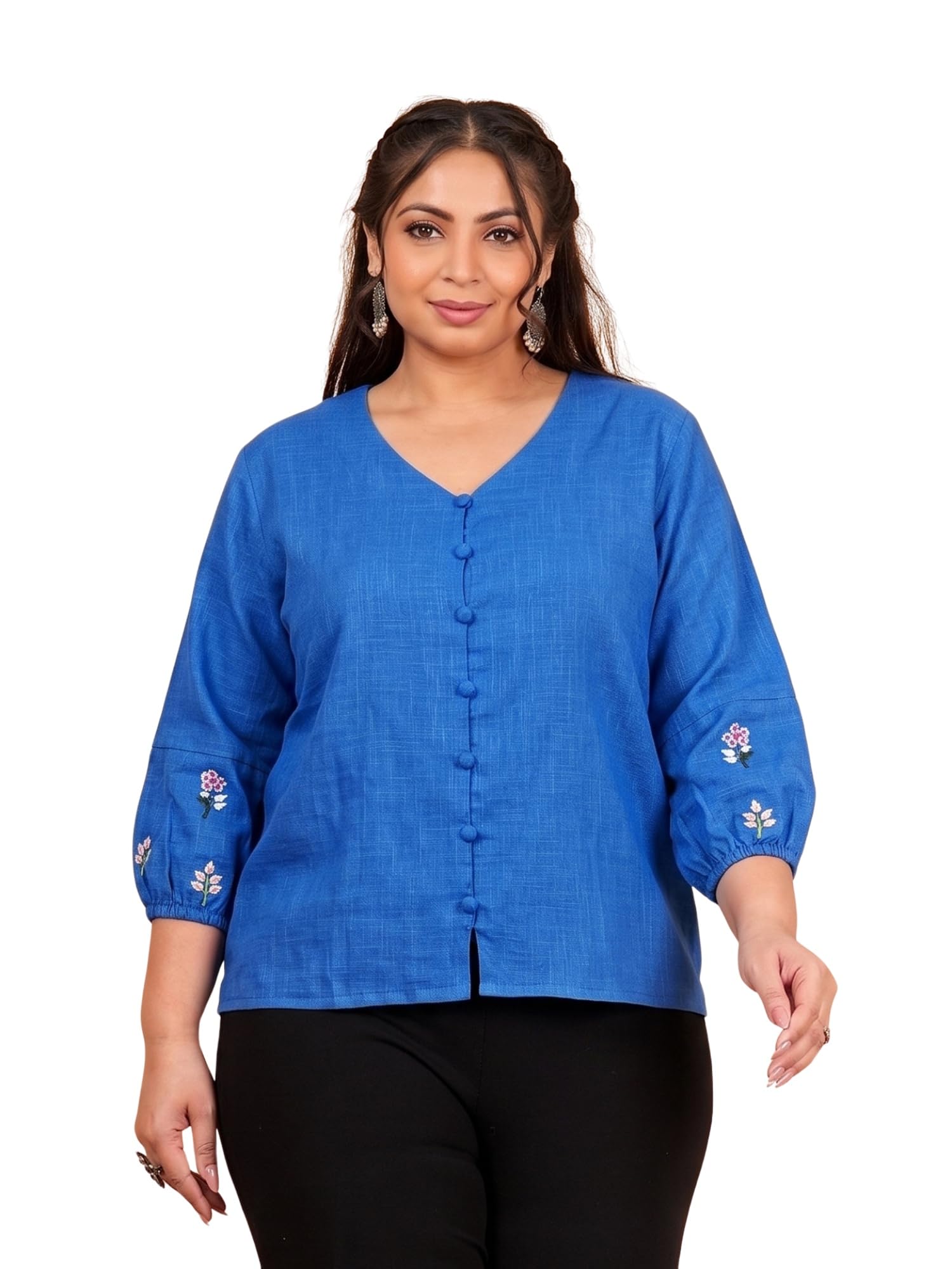 akiko Women’s Plus Size Cotton Slub Fabric Top V-Neckline Embroidered Sleeves-picture-53