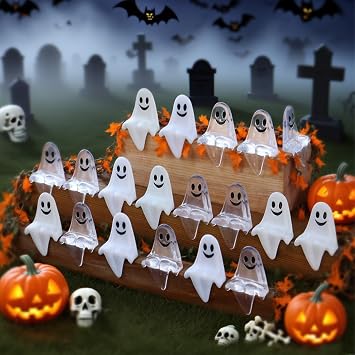 20PCS Halloween Sitting Ghost Figurines Cute Spooky Resin Halloween Ghost Statues, Happy Ghost Ornaments, Indoor Outdoor Fall Seasonal Decor for Garden, Lawn, Tabletop & House Decorations 20