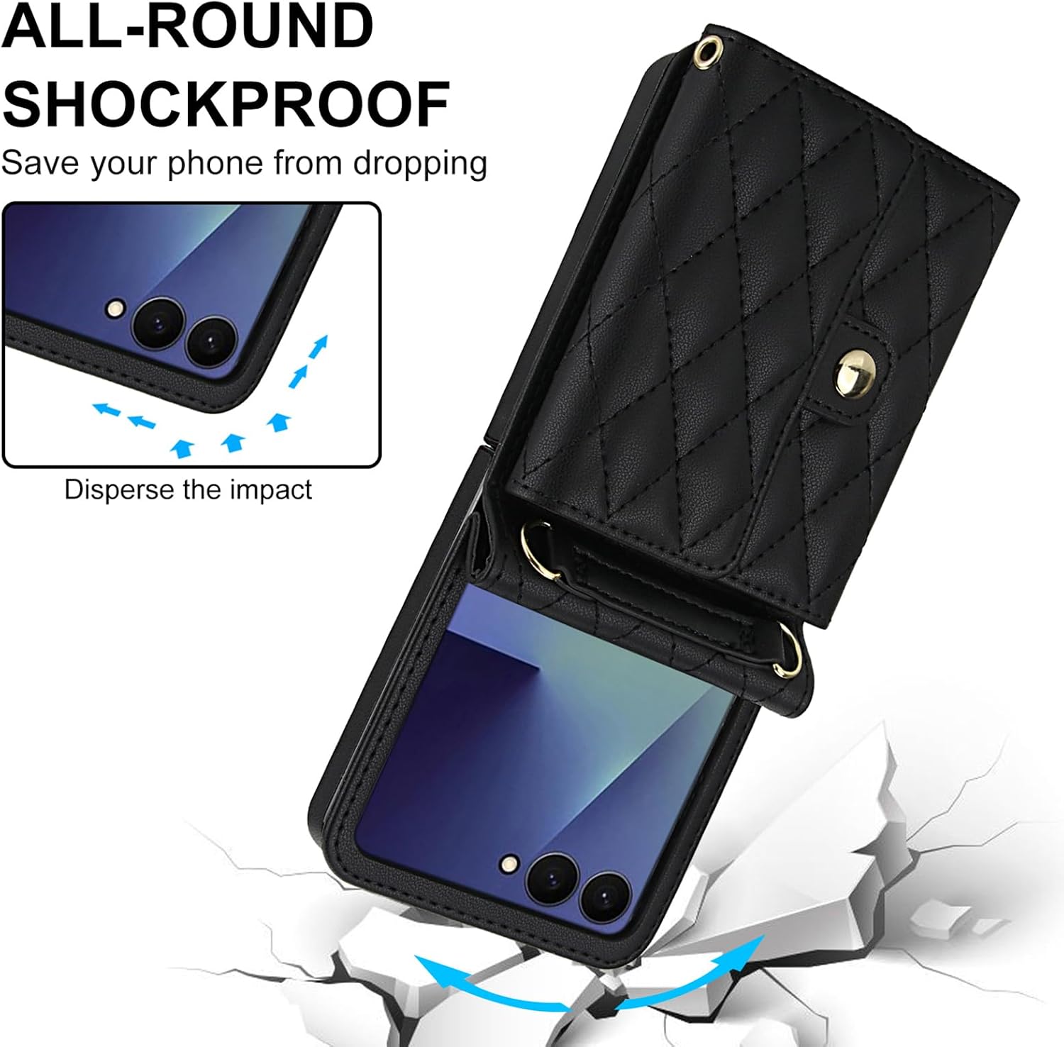 for Samsung Galaxy Z Flip 7 Wallet Case | Card Holder, Crossbody Wallet Leather, Wrist Strap, Shockproof, Cover for Samsung Z Flip7 (Black)