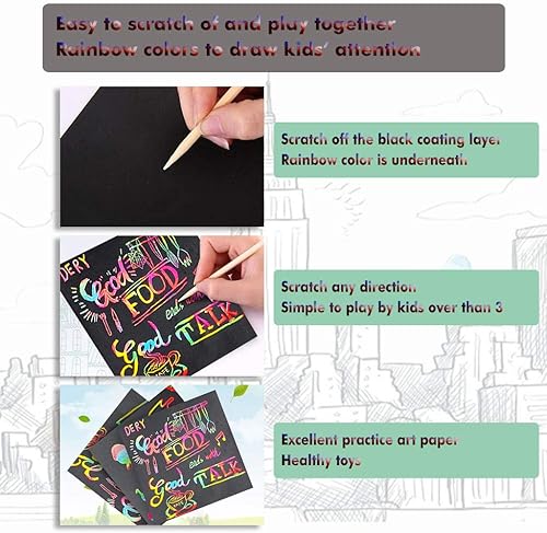 Miniatura 9 de BESTING Papel de rascar 210 hojas de 4 x 4 pulgadas para niños, nota de rascar de color arcoíris con 4 rascadores, 10 bobinas de encuadernación en