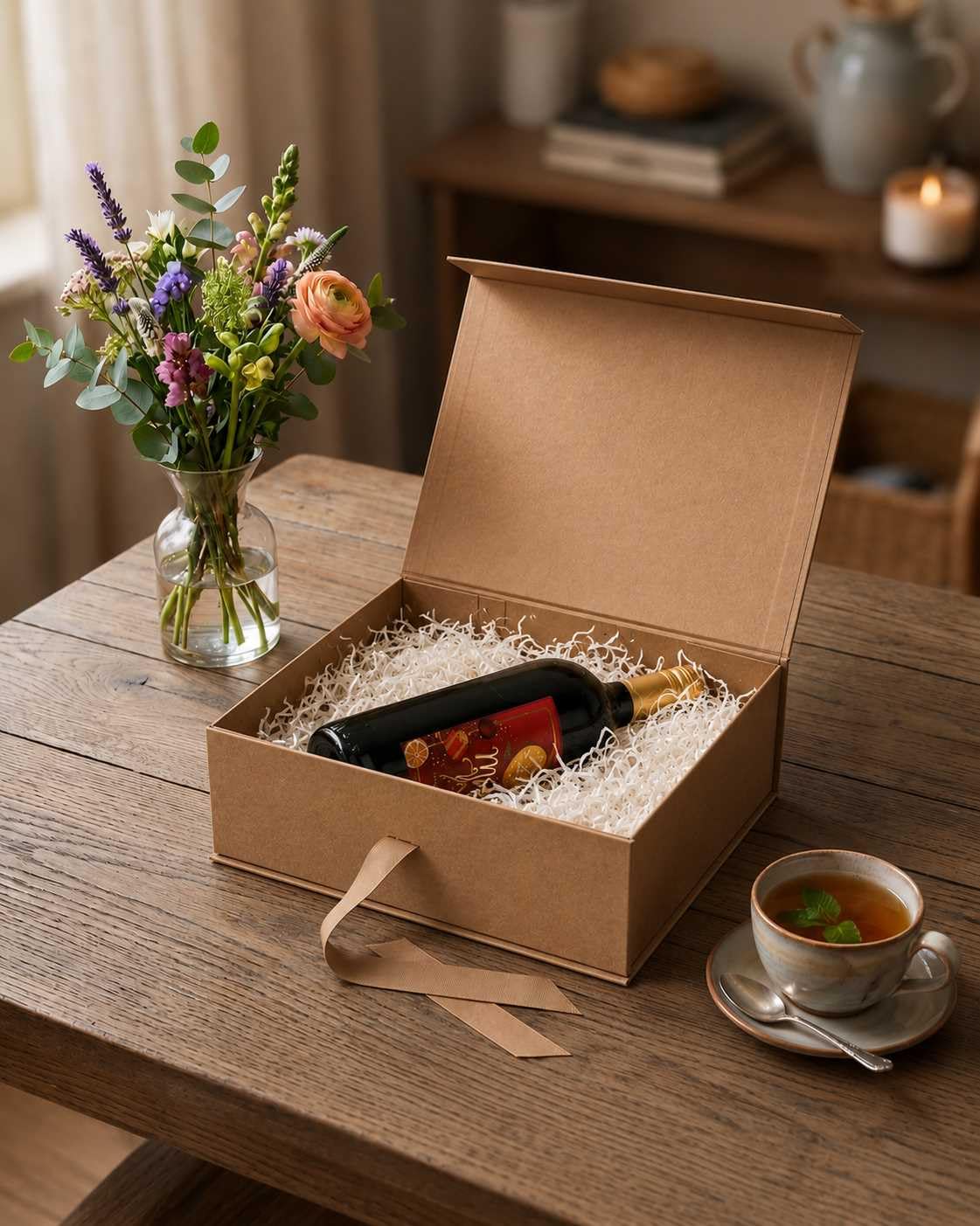 Emartbuy Lot de 5 boîtes cadeaux magnétiques en papier kraft avec ruban – 28,2 x 20,2 x 9,2 cm – Convient aux tasses, ensembles de beauté et petits paniers – Anniversaires, mariages, Noël, cadeaux