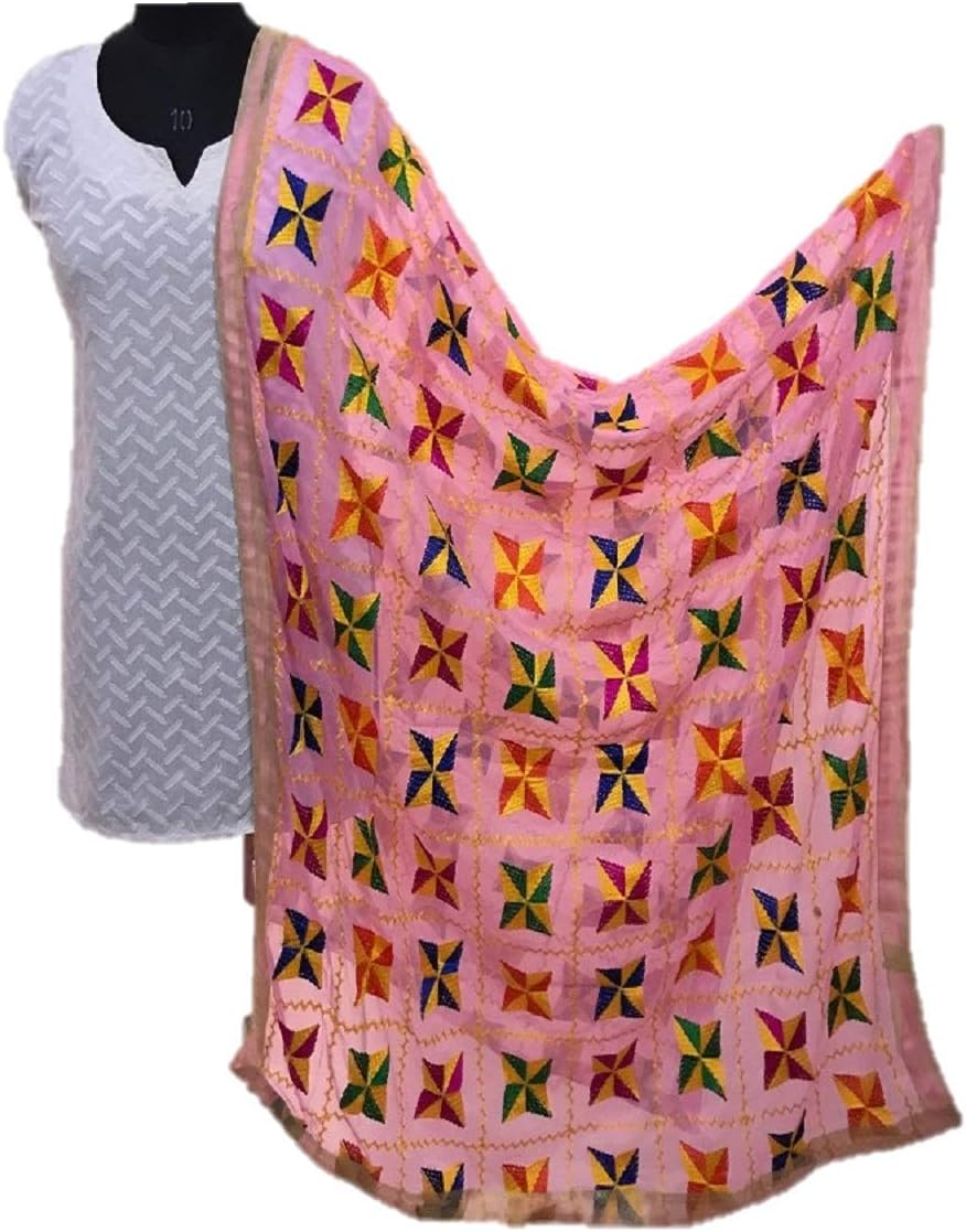 Gleamberry Women's Baby Pink Phulkari Pakha Embroidered Chiffon Dupatta