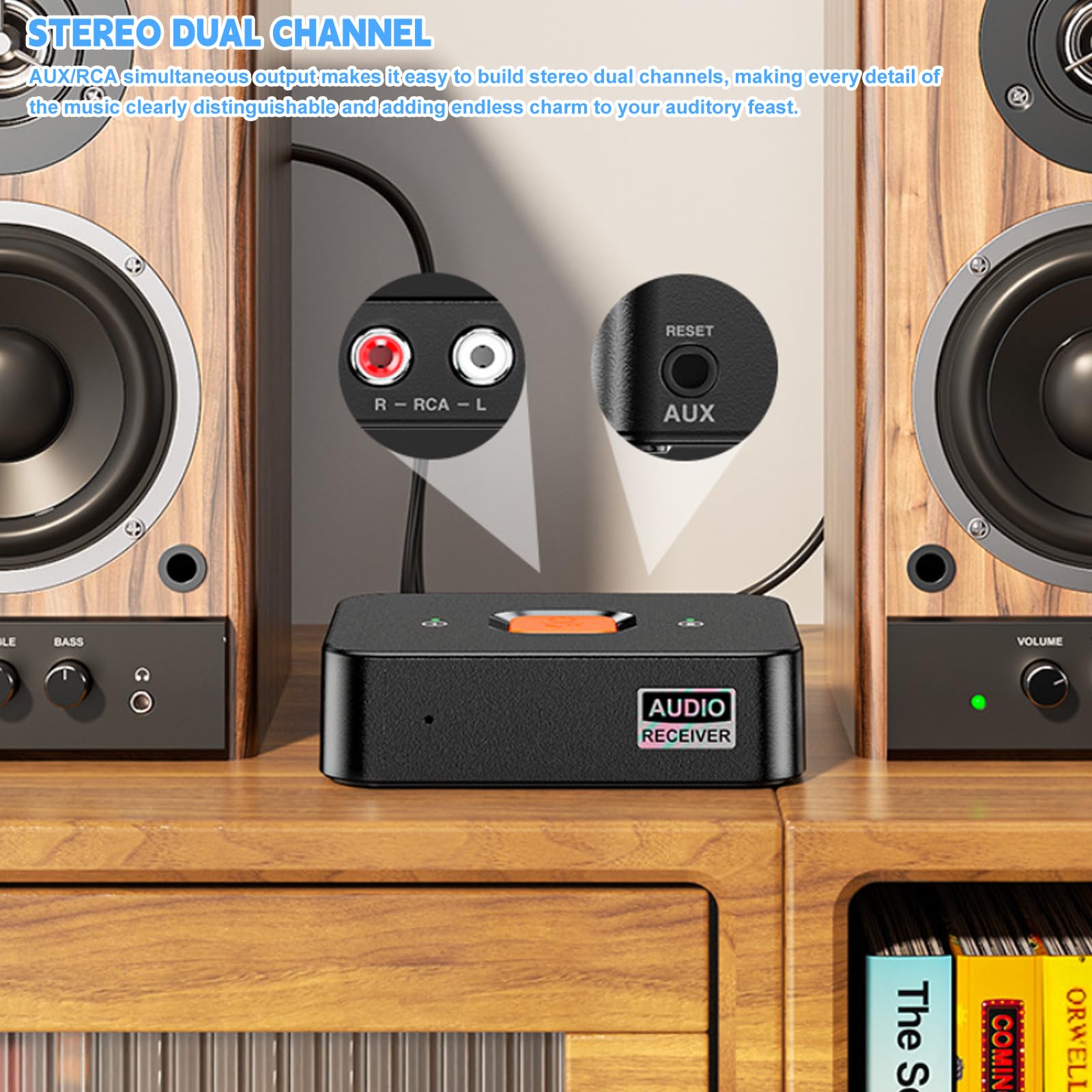 Receptor Bluetooth 6.0 con conector jack de 3,5 mm y RCA, adaptador de audio HiFi con modo de graves para estéreo y altavoces, receptor inalámbrico azul para smartphone, tablet y receptor AV