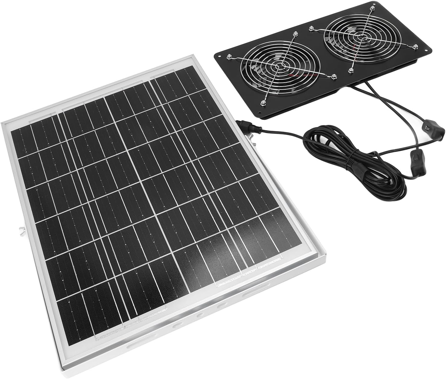 Solar Dual Fan Kit, 30W IP65 Tempered Glass Laminate 17mm Aluminum Alloy Frame, with Dual Switch Control and Reinforced Blades, for Outdoor Pet House Shed Greenhouse Chicken Coop