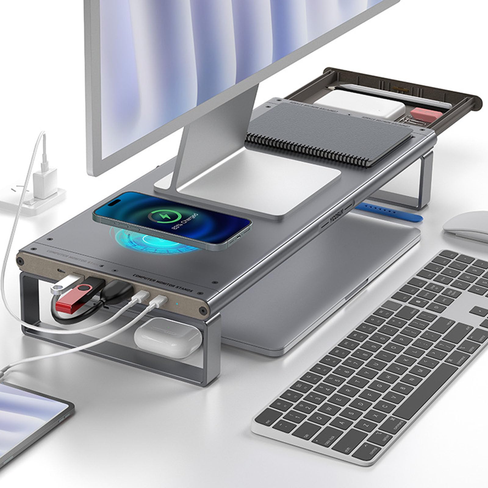 Station de travail moderne avec concentrateur USB 6 en 1 et fonction ergonomique de hauteur d'écran - Planificateur de poste de travail avec appareils
