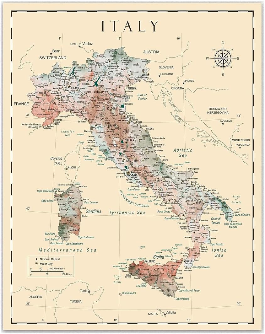 Italy Detailed Map Wall Art - Vintage Map of Italy, Italian Wall Decor, Italy Painting Themed Poster for Home Decor and Office Decor Unique Travel Art Print Room Decor Print (16x20)