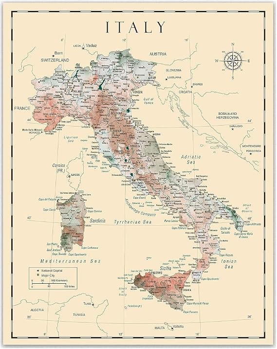Italy Detailed Map Wall Art - Vintage Map of Italy, Italian Wall Decor, Italy Painting Themed Poster for Home Decor and Office Decor Unique Travel Art Print Room Decor Print (8x10)