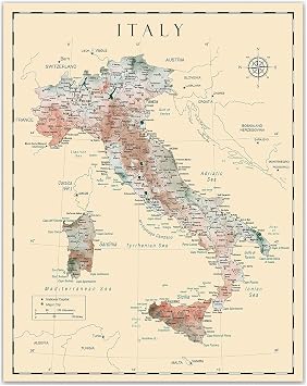 Italy Detailed Map Wall Art - Vintage Map of Italy, Italian Wall Decor, Italy Painting Themed Poster for Home Decor and Office Decor Unique Travel Art Print Room Decor Print (8x10)