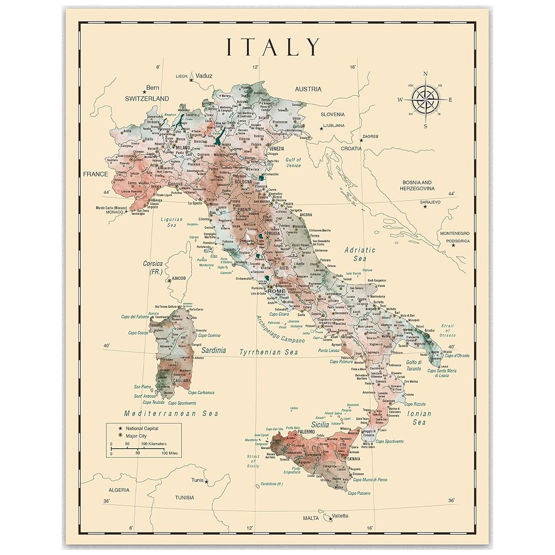 Amazon.co.jp: イタリアの地図壁アート - イタリアのビンテージ地図