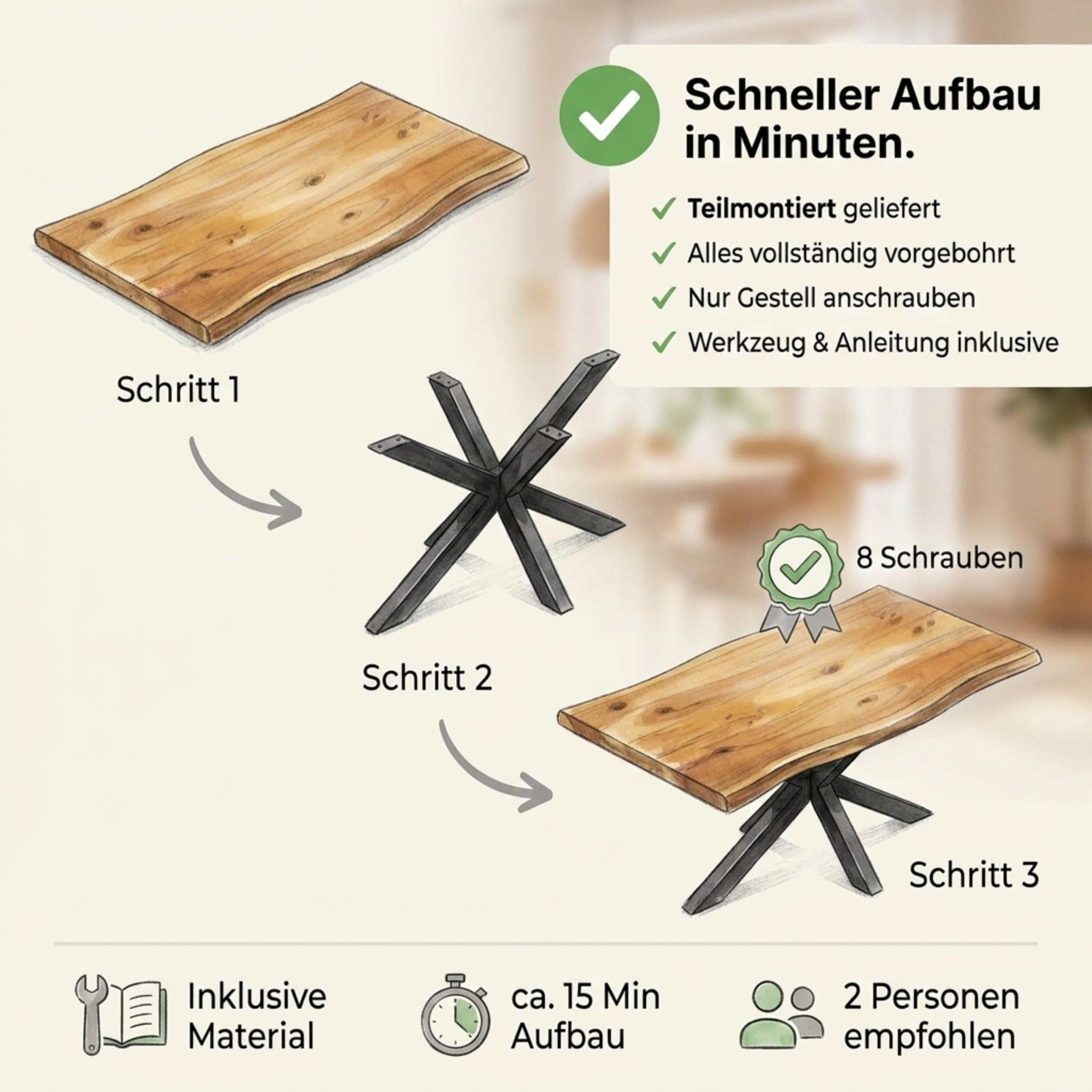 SAM Esstisch Cali 180x90 cm Akazie Natur Spider-Gestell schwarz | Baumkantentisch massiv, Akazienholz naturfarben, Esszimmertisch, Industrial-Design