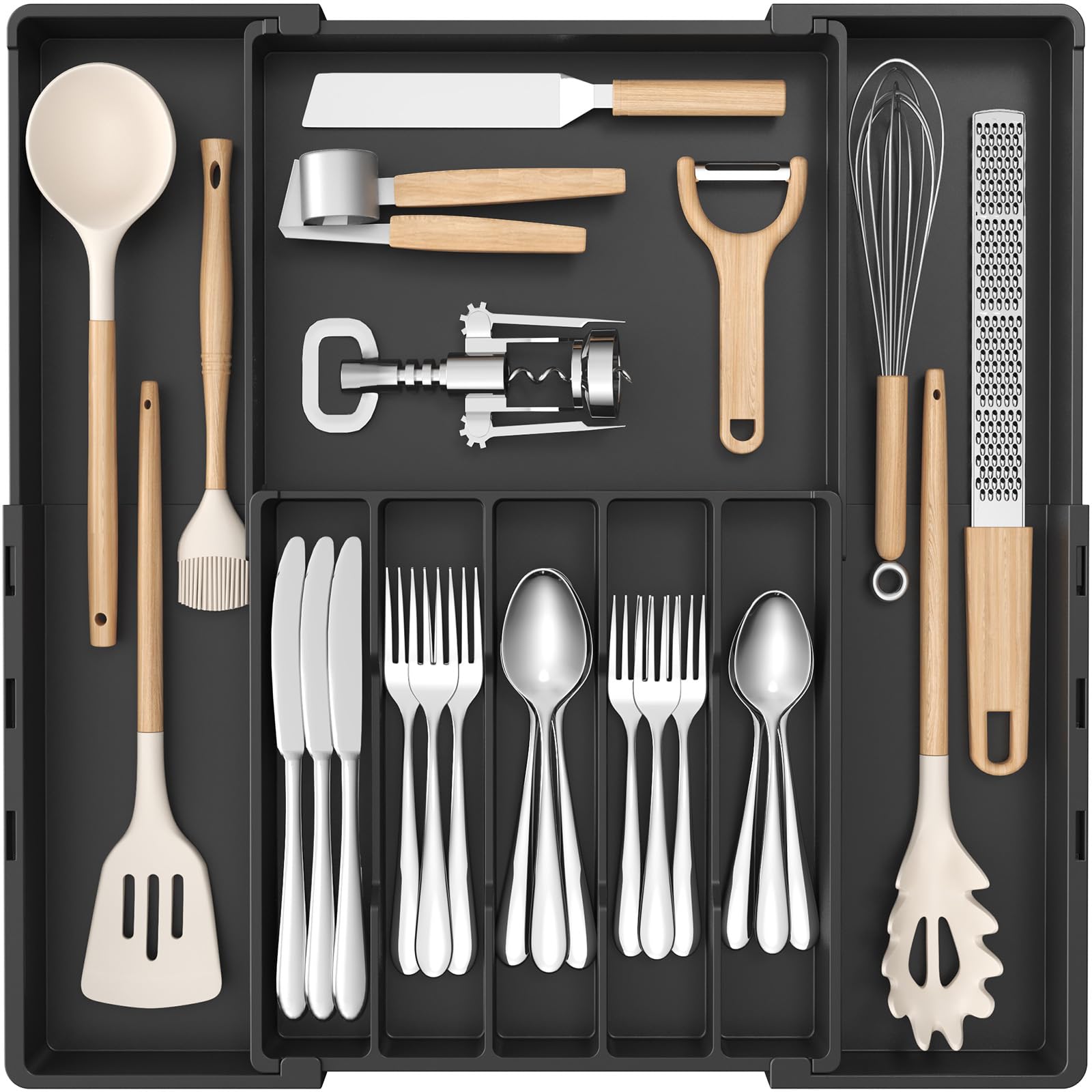 Lifewit Cutlery Drawer Organiser, Adjustable Cutlery Tray for Kitchen, Expandable Utensil Holder, Tableware Flatware Silverware Knife & Fork Organiser, 30.5-51.9 x 28.7-49.2 x 4.4 cm, Black