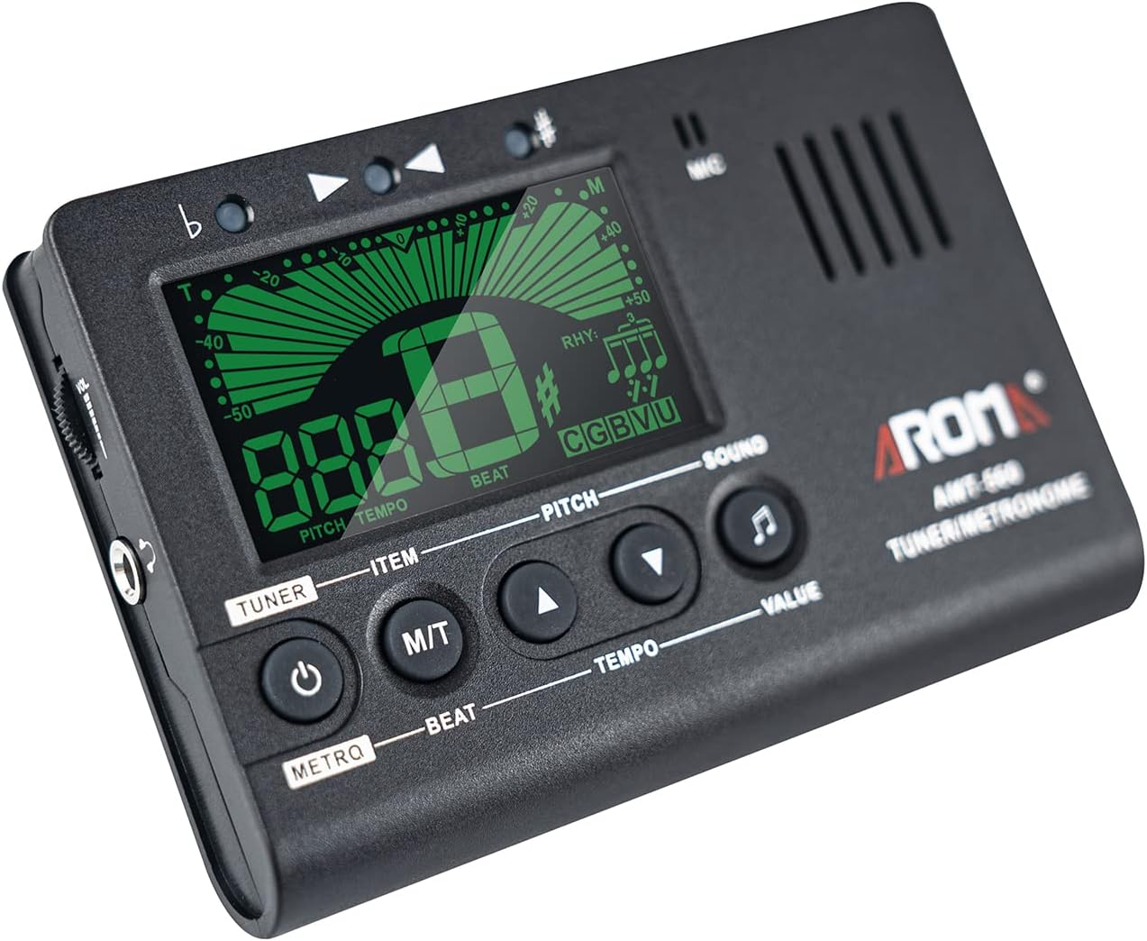 Back view of HUIOP AMT-560 Tuner and Metronome showing the foldable stand and battery compartment.