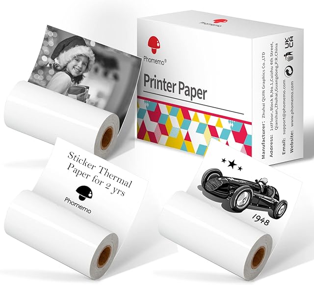 Phomemo White Sticker Paper Printable Thermal Paper Strong Self-Adhesive Oil-Proof Water-Proof 53 x 30mm for Phomemo M02/M02Pro/M02S/M03/M04 Pocket Printer, 3-Roll