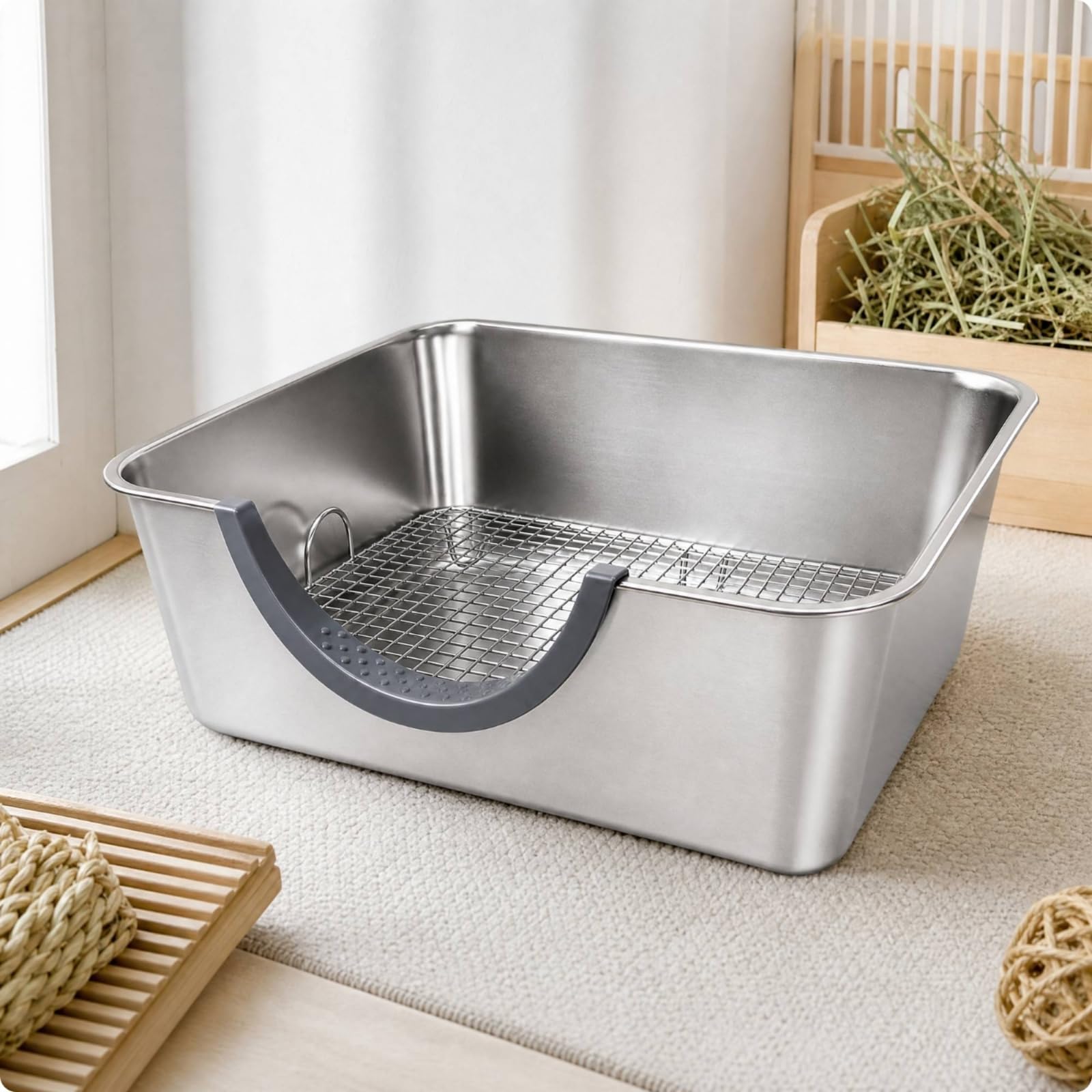 Lettiera in Acciaio Inox con Griglia Facile da Pulire Spaziosa per Proprietari di Conigli, Habitat Indoor, In Un Coniglio