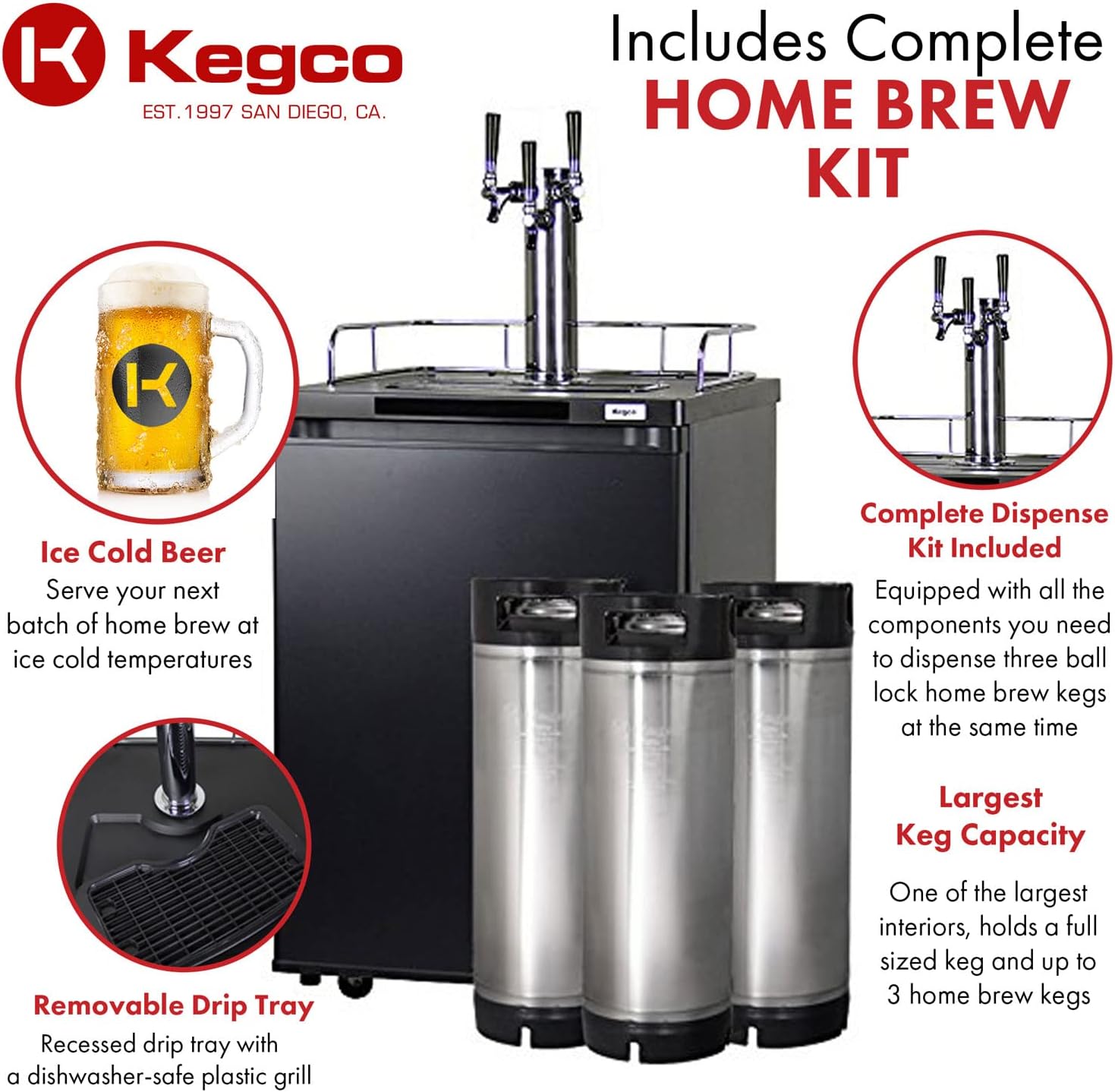 Kegco 3PHBK209B-3K 24" Wide Homebrew Triple Tap Black Kegerator with Kegs