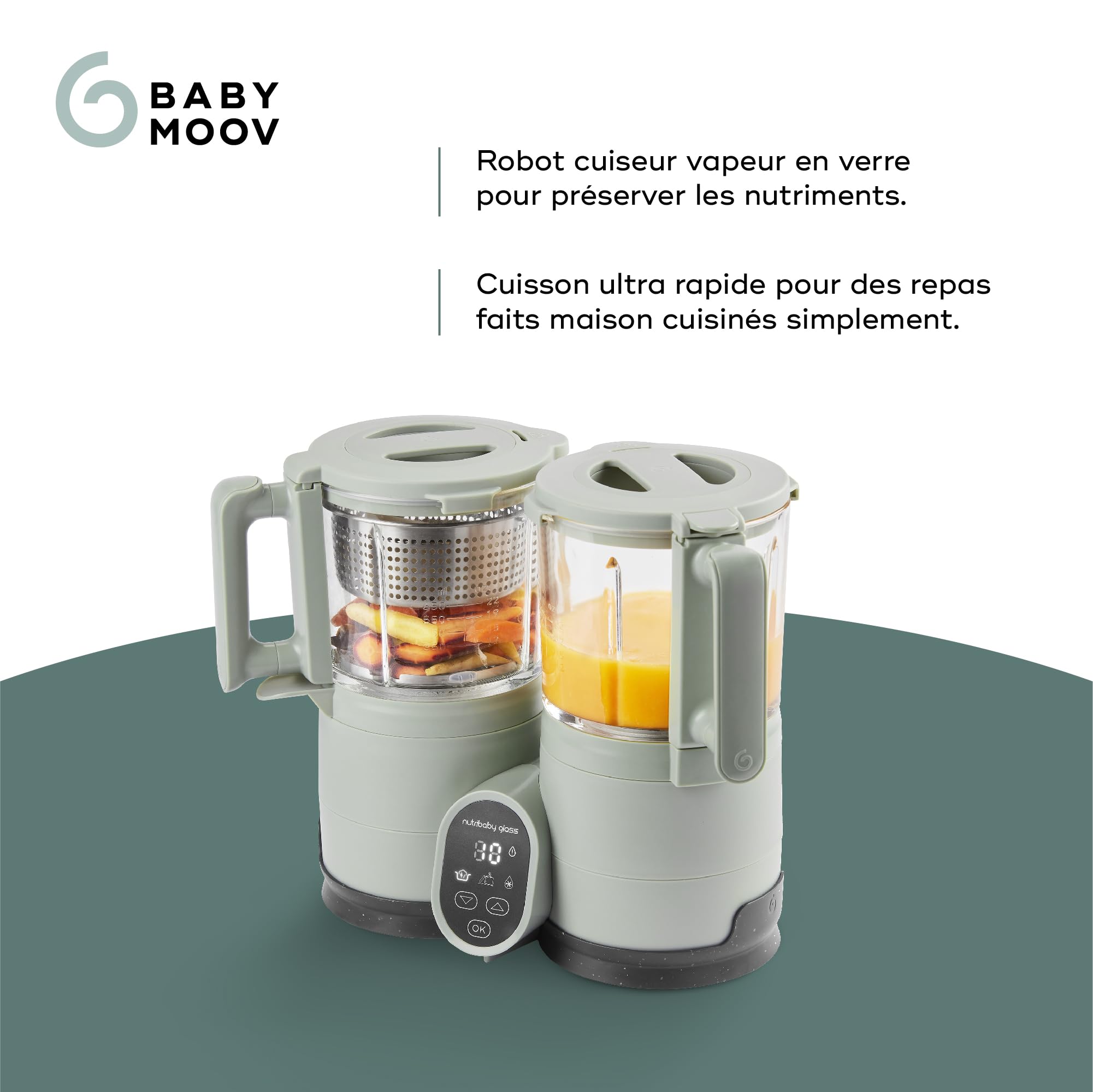 Babymoov Robot Cuiseur Bébé Nutribaby Glass - Bols en Verre - 4 en 1 Mixeur Cuiseur Vapeur, Grande Contenance 1,9L, Cuisson Saine des Aliments, Vert Celadon
