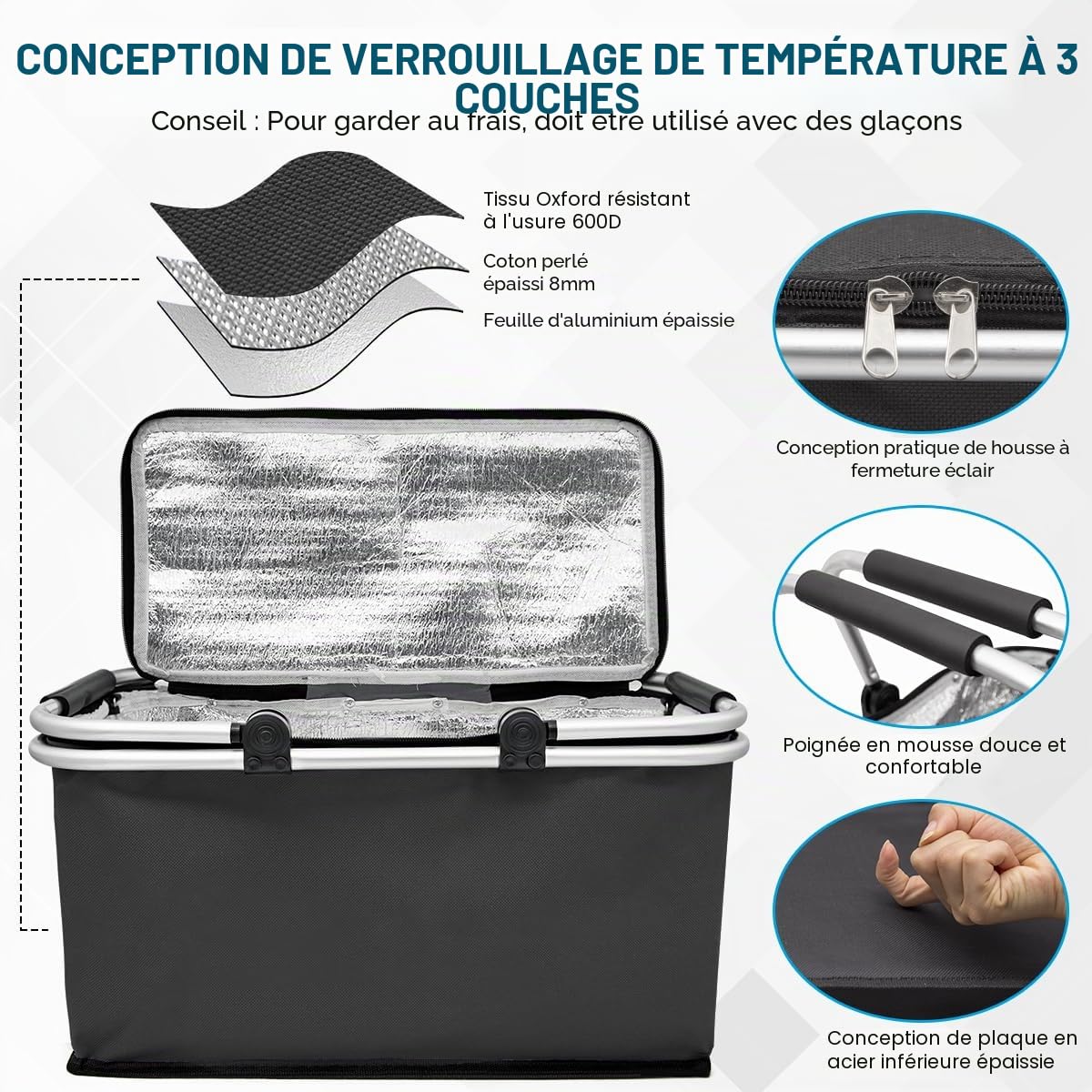 Panier Pique-Nique Isotherme 30L, Grand Sac Pliable en Oxford Réistant à l'Eau pour Pique-Nique/Shopping/Cadeau (Noir)