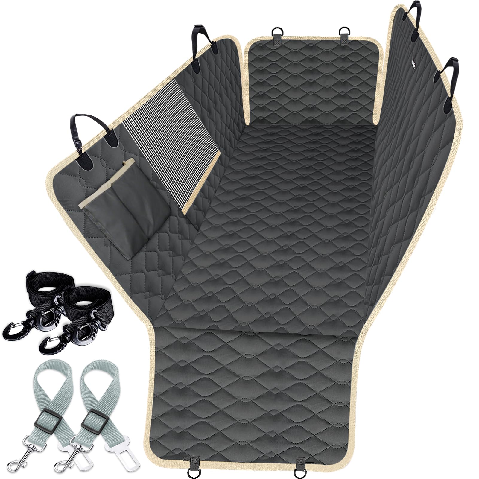 Lassie Dog Car Seat Covers for Back Seat with 2 Seat Belts, Waterproof Dog Car Hammock with Mesh Window Durable Scratch Proof Nonslip Pet Carseat Covers Universal Fit Protector for Cars, Trucks & SUVs