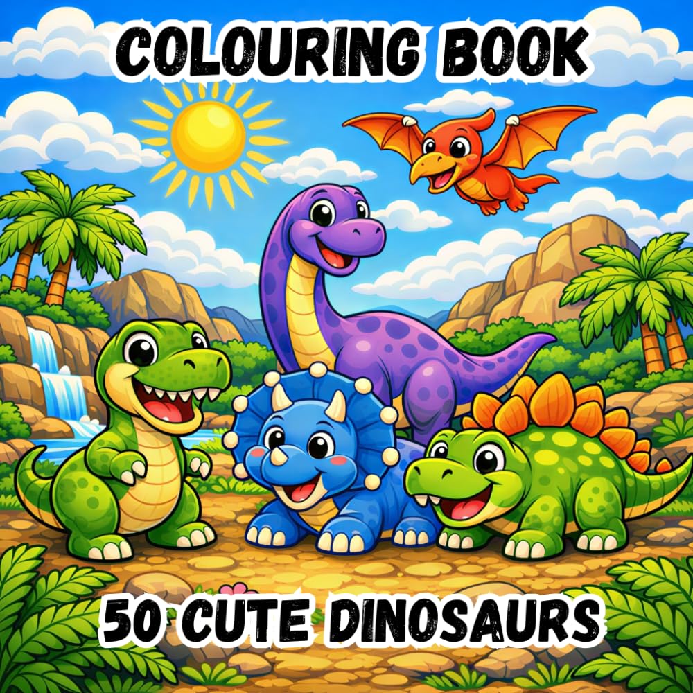 COLOURING BOOK - 50 CUTE DINOSAURS: 50 Easy and Fun Designs | Adorable Dinosaurs and Prehistoric Scenes | Creative Activities for Children Ages 3–8