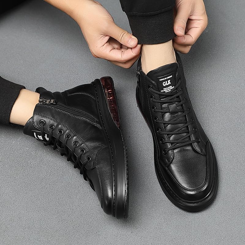 Mens High Top Shoes Black Lace Up Leather Boots Casual Leather Oxford Sneaker Boots Round Toe Zipper Boots for Men - Image 6