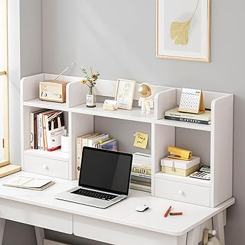 Desktop Bookshelf for Computer Desk,Wooden Countertop Desk Hutch with 5 Shelves and 2 Drawers,Freestanding Desktop Bookcase, 2-Tier Storage Rack Display Shelf for Home Office31x6x20inch, C