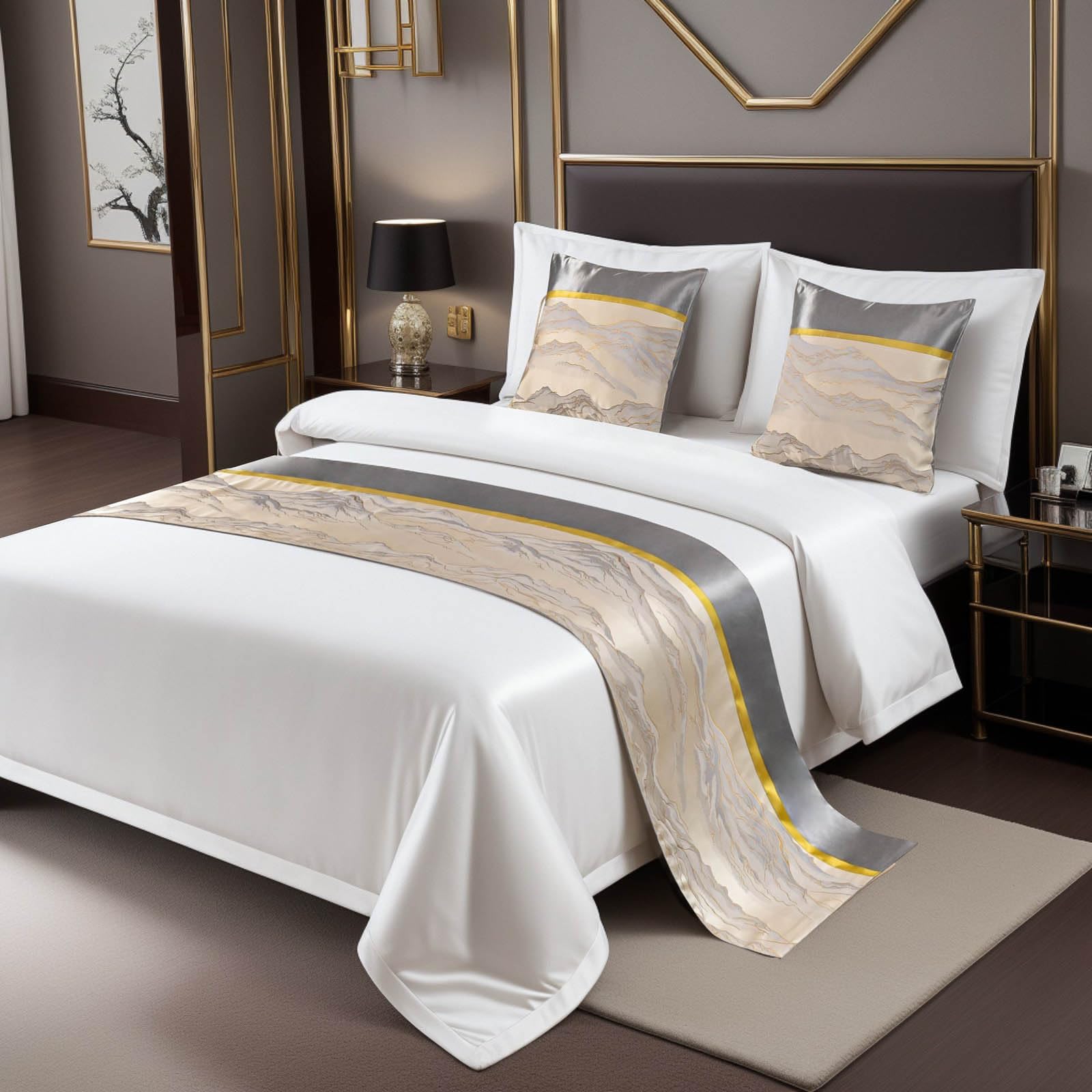 Chemin de lit moderne beige 50x210 cm en tissu de qualité hôtelière supérieure