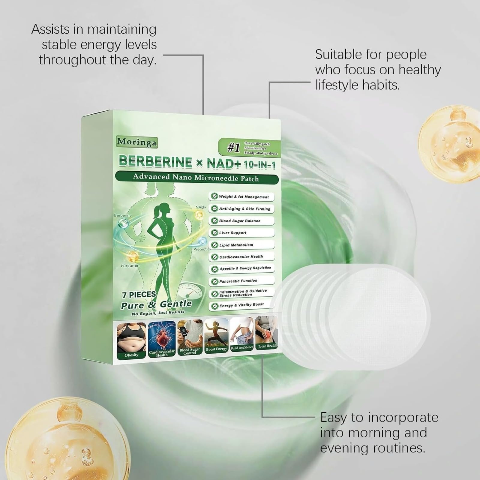 Patchs Nano-MicroAiguilles Moringa BERBERINE x NAD+ 10-en-1 | | Patch Nano Microneedle Minceur, Ingrédients Naturels, Facile à Appliquer, Invisible Sous les Vêtements