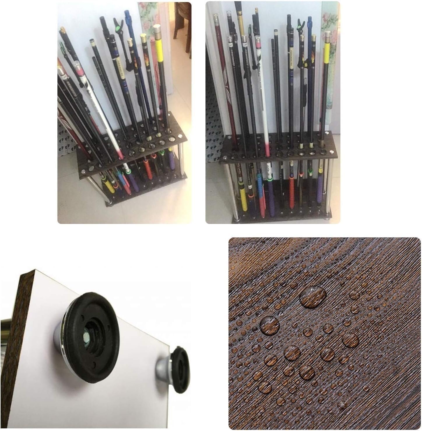 36-Cue Pool Rack Floor Stand – Brown Wood Grain Billiard Stick Holder, Freestanding Pool & Ball Storage for Game Rooms