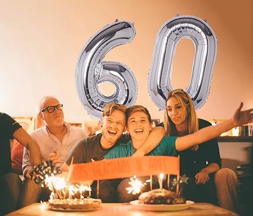 Miniatura 4 de WEIKA Globos gigantes de 40 pulgadas con el número 60, globos de aluminio gigantes plateados de helio número 60 para fiesta de cumpleaños 60,