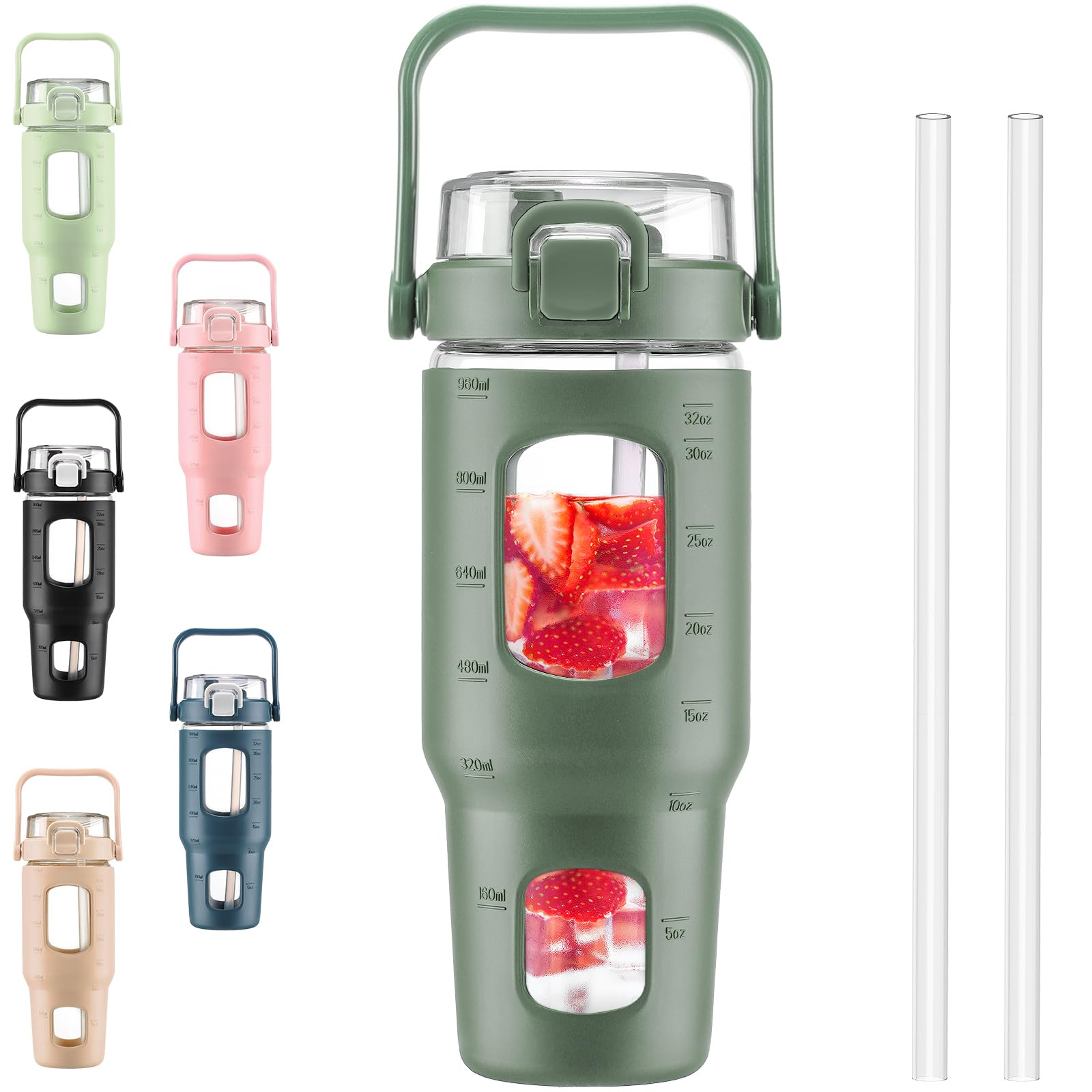 BLUEGO 960ml Bottiglie d'acqua in vetro con cannuccia e indicatore del tempo Bottiglia d'acqua sportiva grande con custodia in silicone 0,96 litri Brocca d'acqua in vetro per palestra, Oliva 00,96