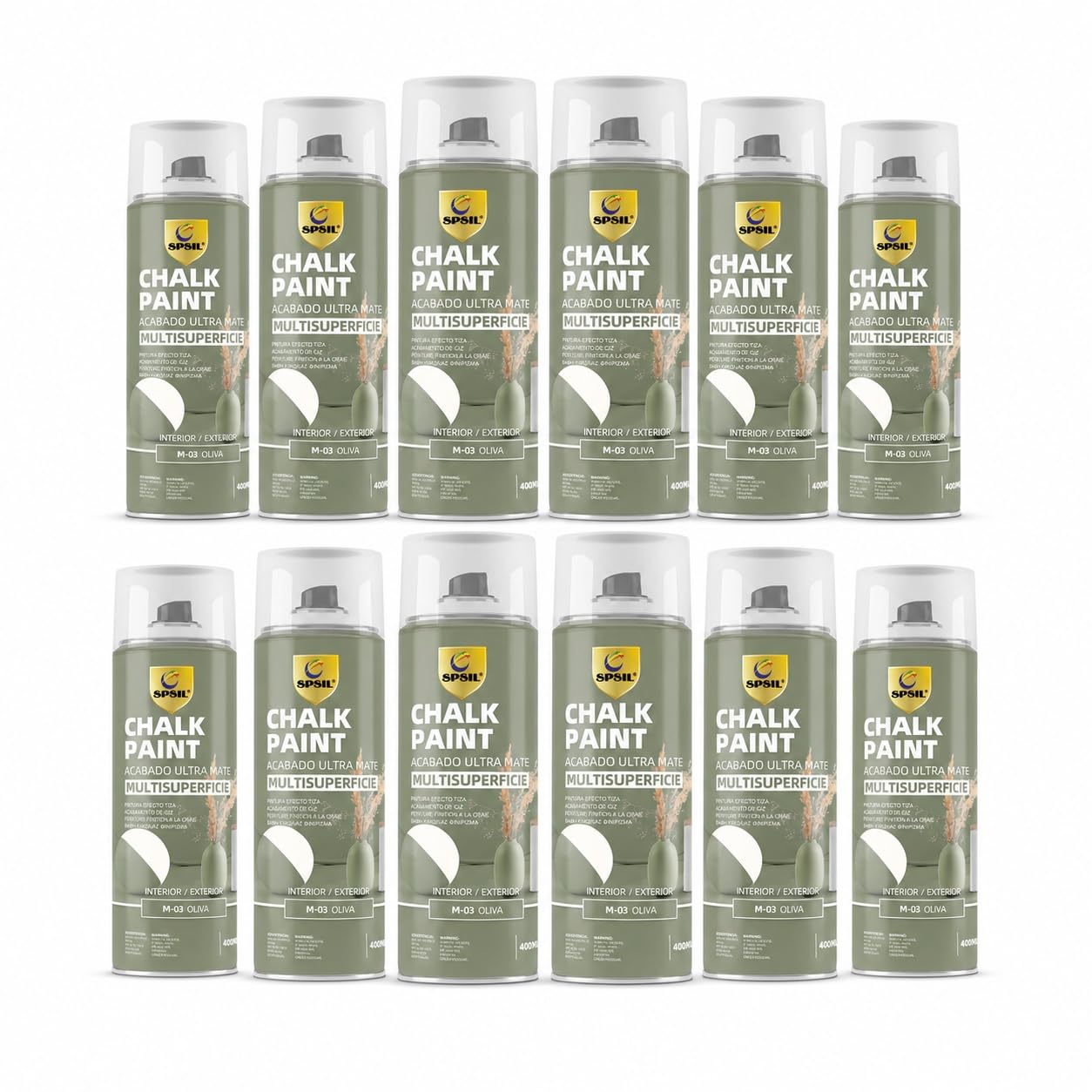 SPSIL Chalk Paint Spray Oliva 400ml(12pcs)-Pintura en Spray Ultra Mate a la Tiza,Efecto Retro y Vintage para Muebles de Madera, Metal,Cerámica,Imprimación en Spray
