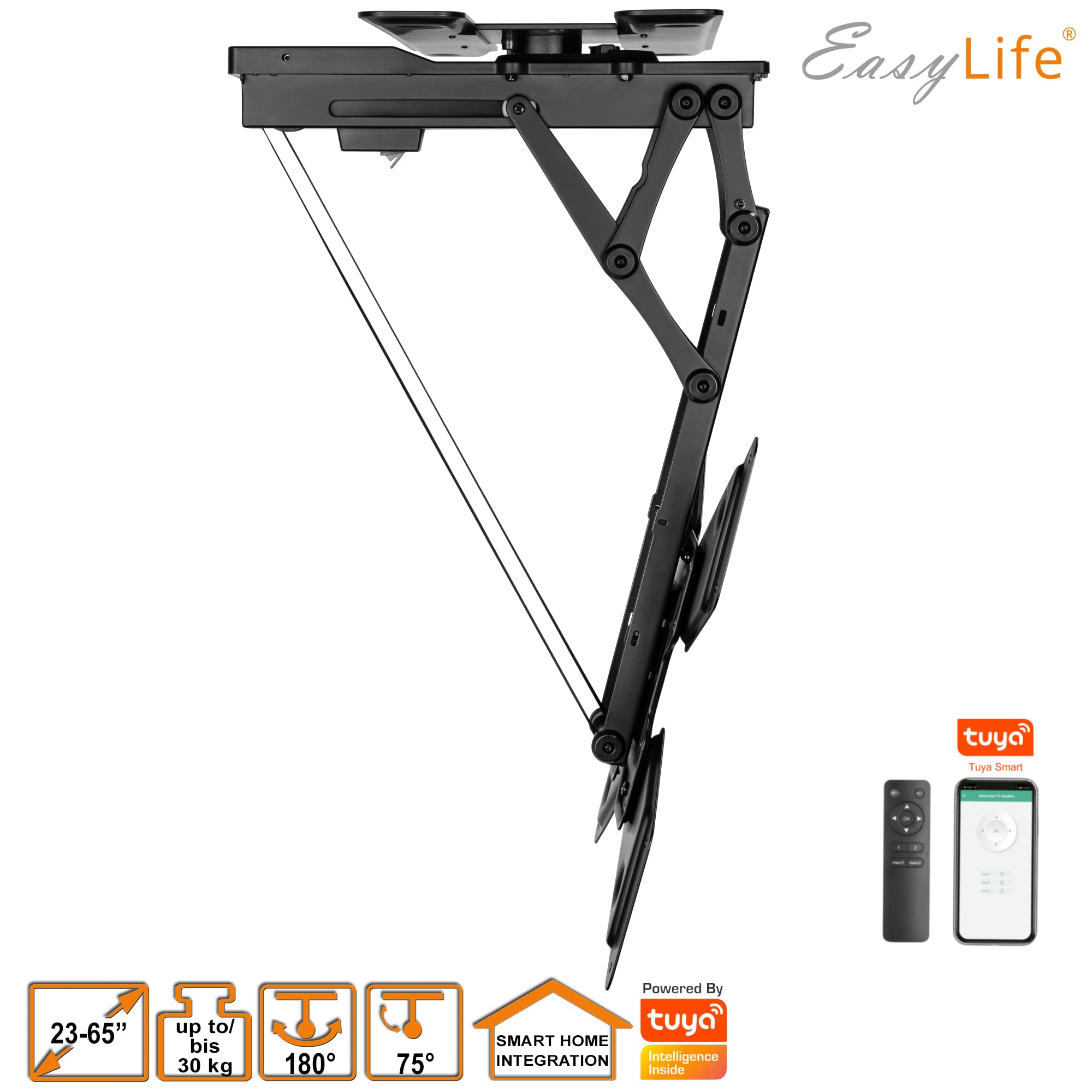 EasyLife – Supporto da Soffitto Per TV Elettrico, Girevole e Inclinabile, Integrazione Smart Home, da 23 a 65 Pollici, Supporto VESA Fino a 400×400 per TV LCD/OLED, Monitor, Display - Nero