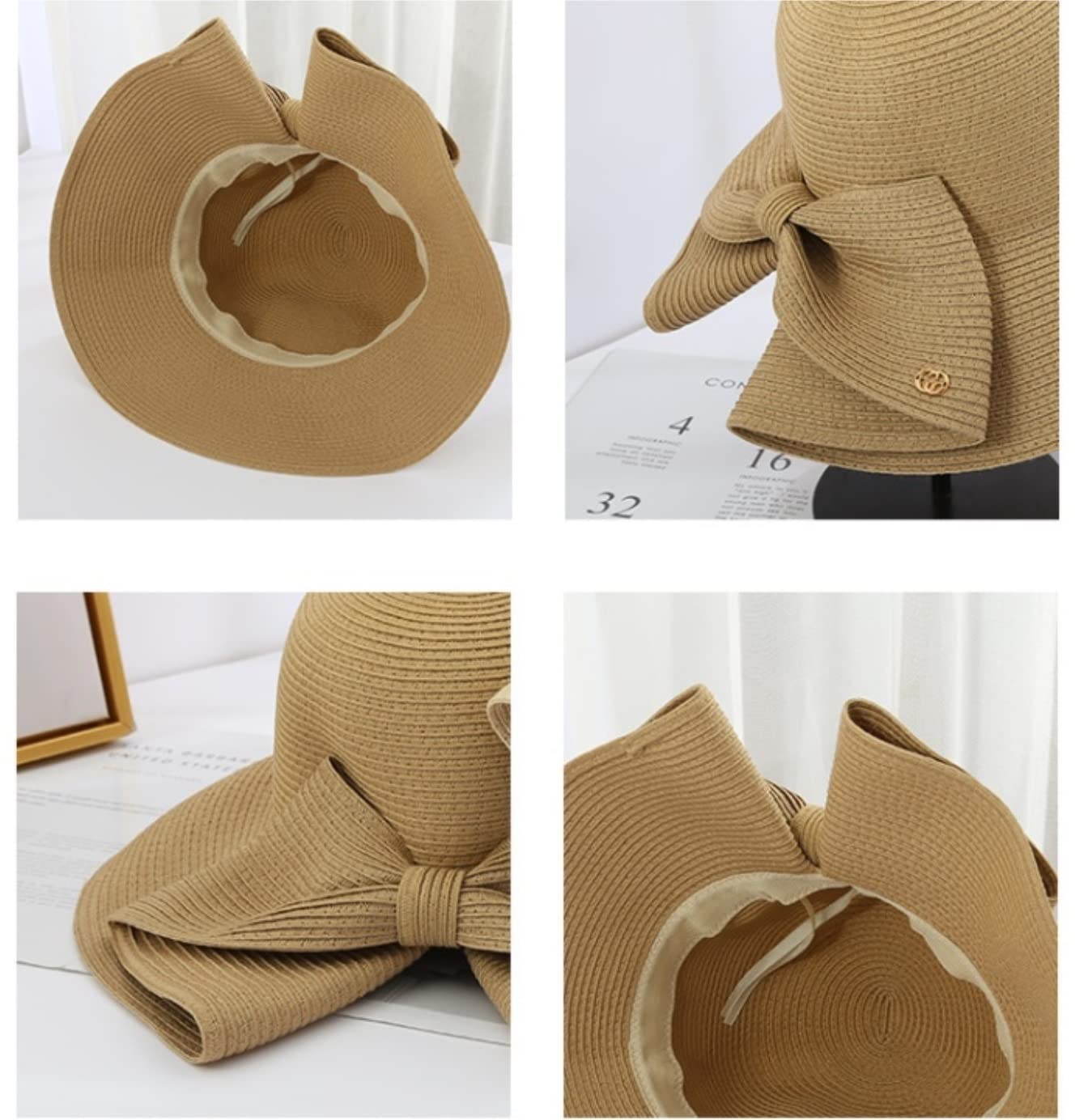 LNNSHX Sombrero de Playa para Mujer Sol de ala Ancha Paja Plegable para Mujer Vacaciones al Aire Libre (Blauw: geel Tamaño 56-58 cm) (Beige 6 7/87