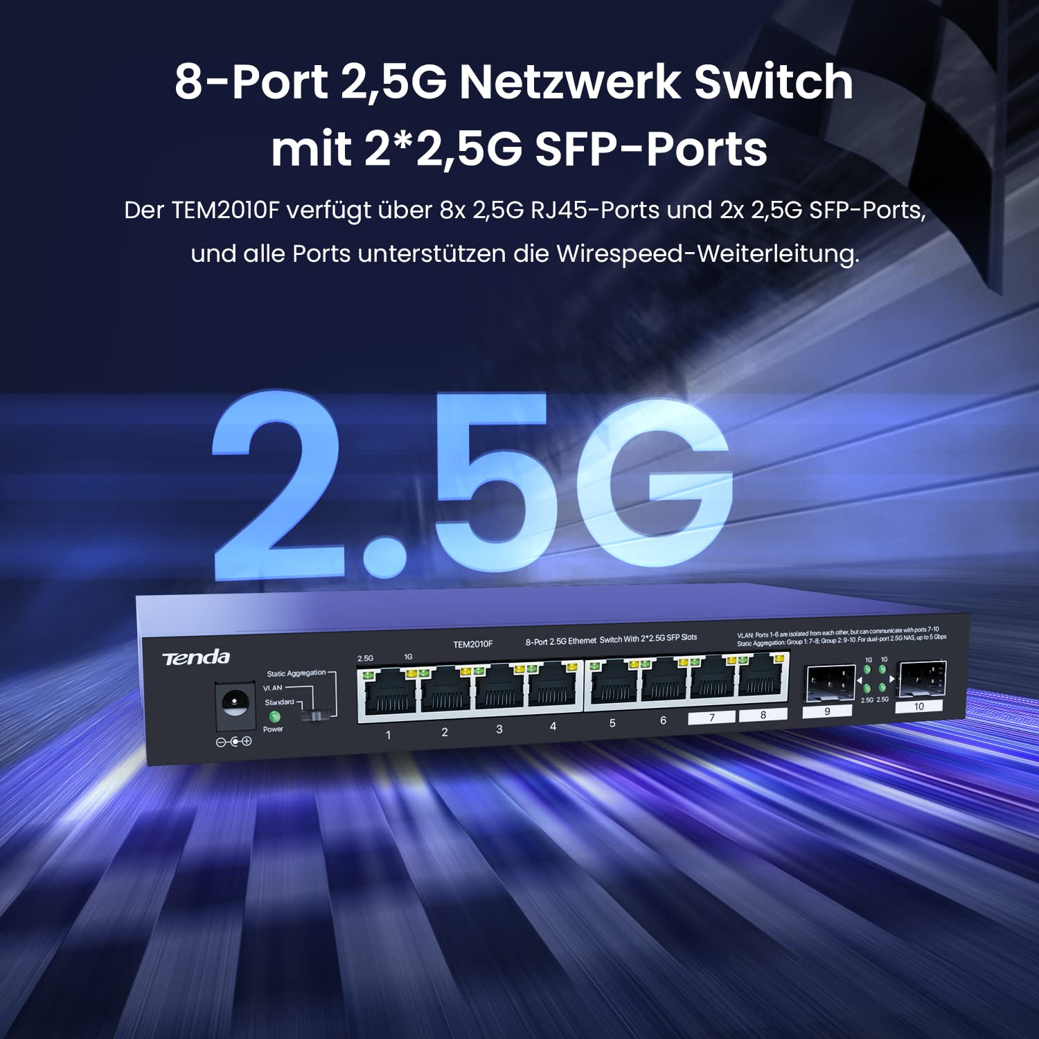 Tenda 2.5 Gbit Switch 8-Port Unmanaged 2.5G Netzwerk Switch mit 2 SFP-Ports (VLAN, Statische Aggregation, Plug & Play, Desktop-/Wandmontage, Metallgehäuse)(TEM2010F)