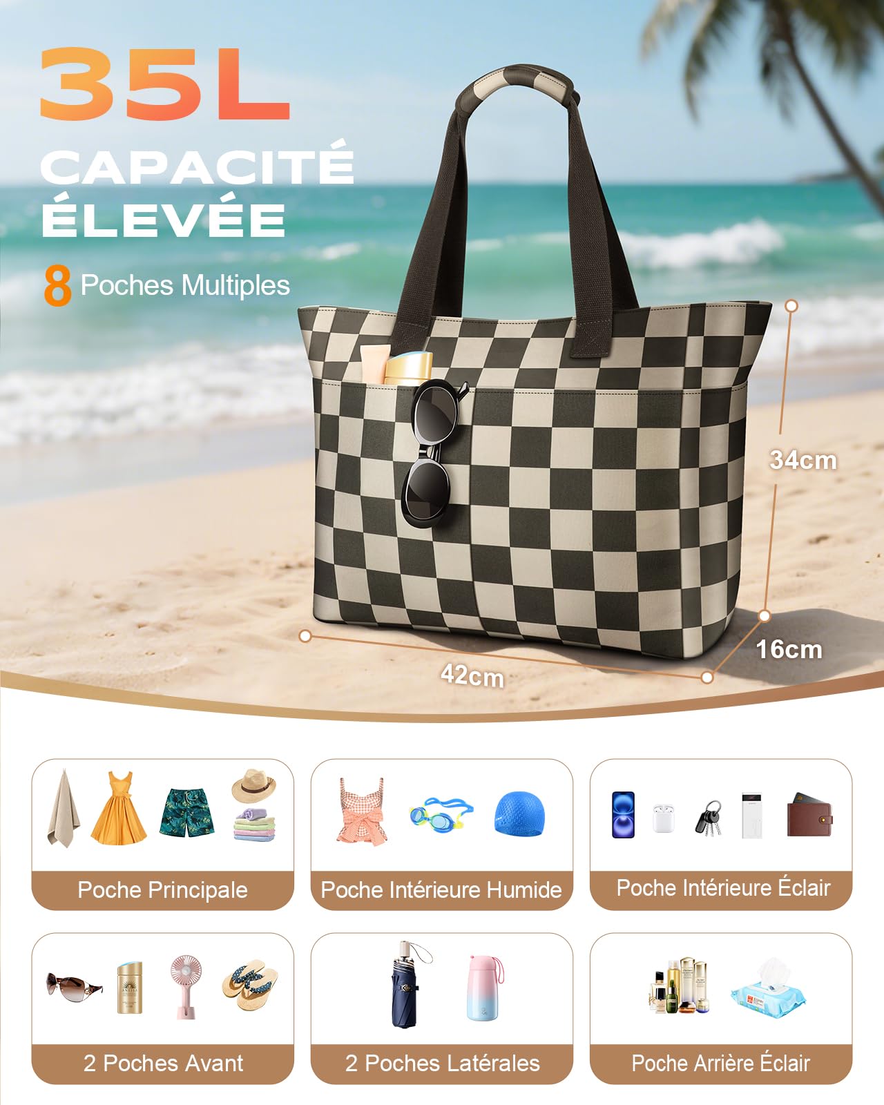 EOIWUY Sac de Plage, 35L Grand Cabas de Plage Étanche et Anti-Sable, Sac a main Femme Tout Voyage Pliables avec Fermeture Éclair et Compartiment Humide, Beach Bag pour Plage, Gym, Quotidien, Voyages