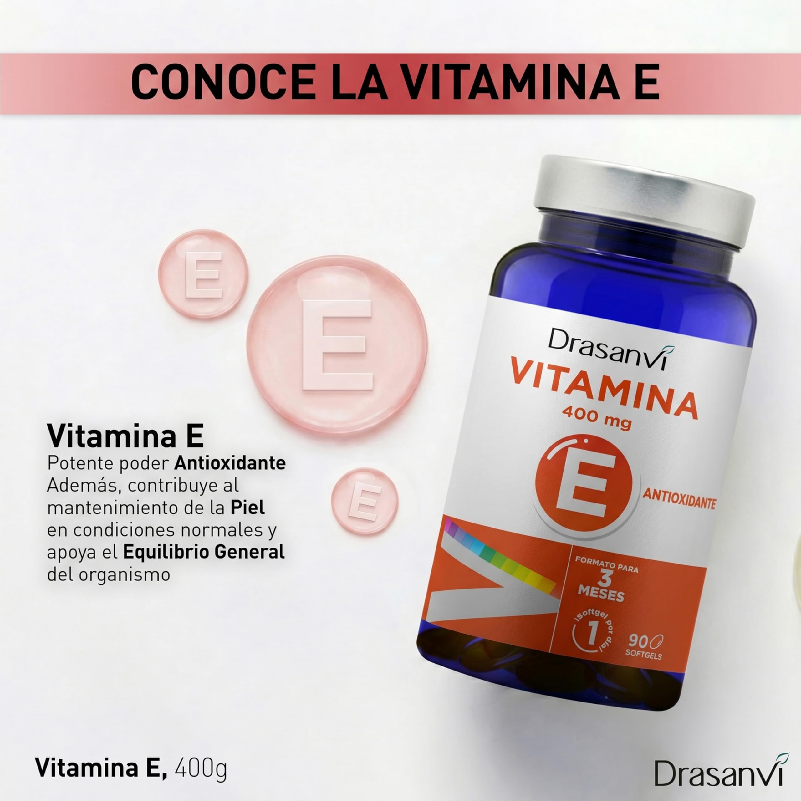 Vitamina E Natural 400 mg Alta Potencia | Equiv. aprox. 597 UI | Antioxidante: contribuye a proteger las células del estrés oxidativo | 90 perlas blandas | 3 meses | 1 al día | Drasanvi