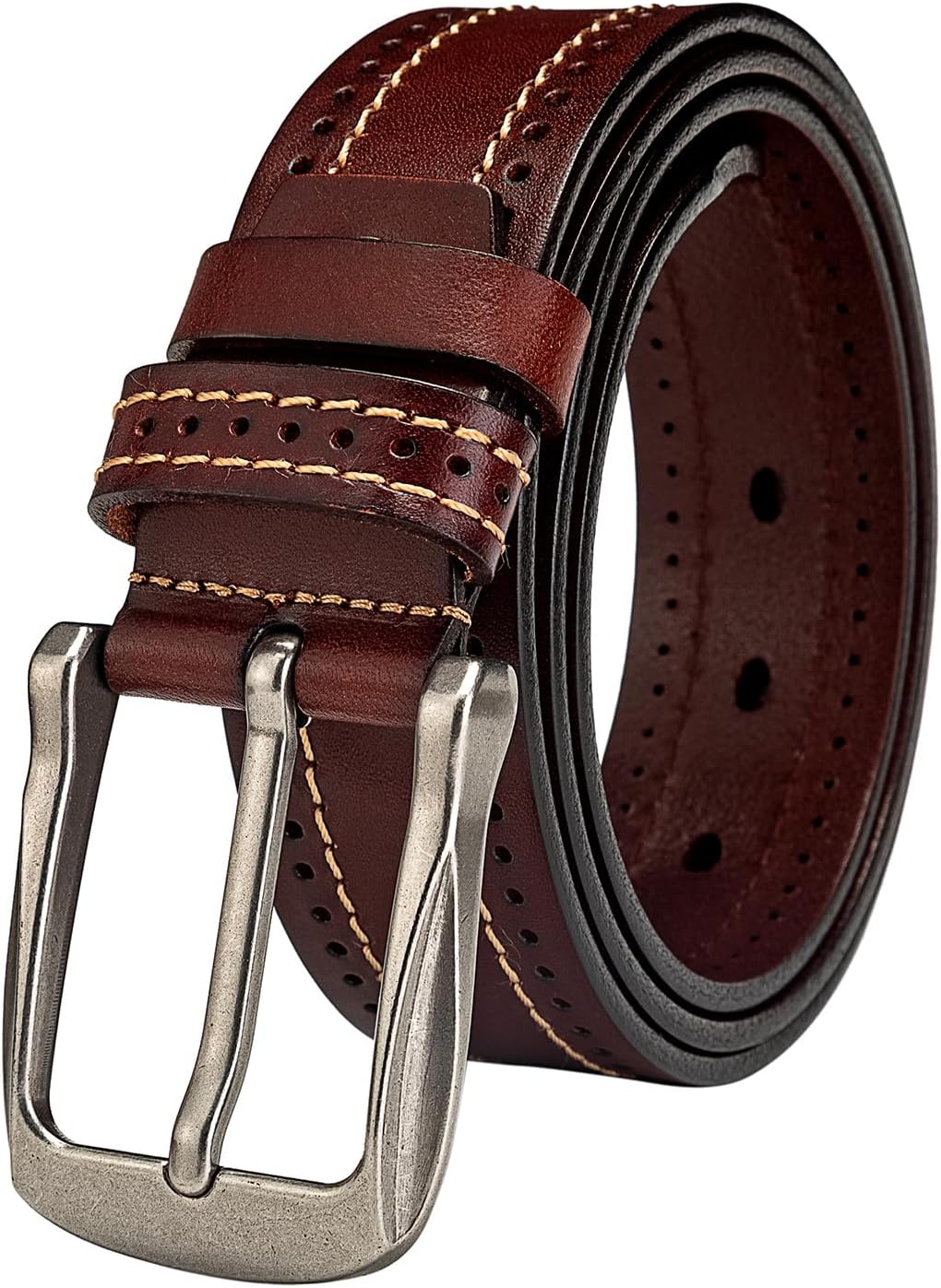 Rollslatte Brown Western Belt Men Leather for Jeans, Vintage Italian Coffee Full Grain Genuine Leather Cowboy Belts, 1.5in Wide Casual Mens Belts Size 38 Gift Box