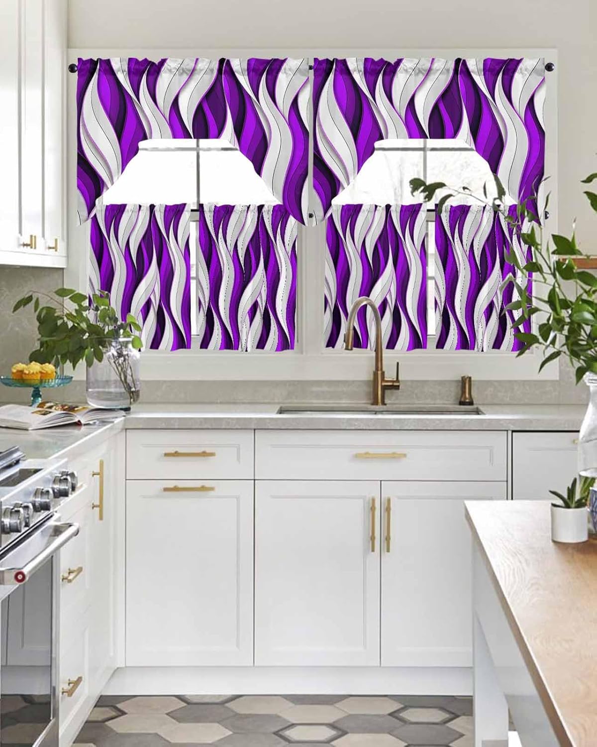 Modern Purple Swag Kitchen Curtain Sets with Valance,3 Pieces Rod Pocket Curtain Drapes for Bedroom Bathroom Cafe Windows,Geometric Stripes Abstract Grey White 56''x36''&36''x27.5''x2Panels