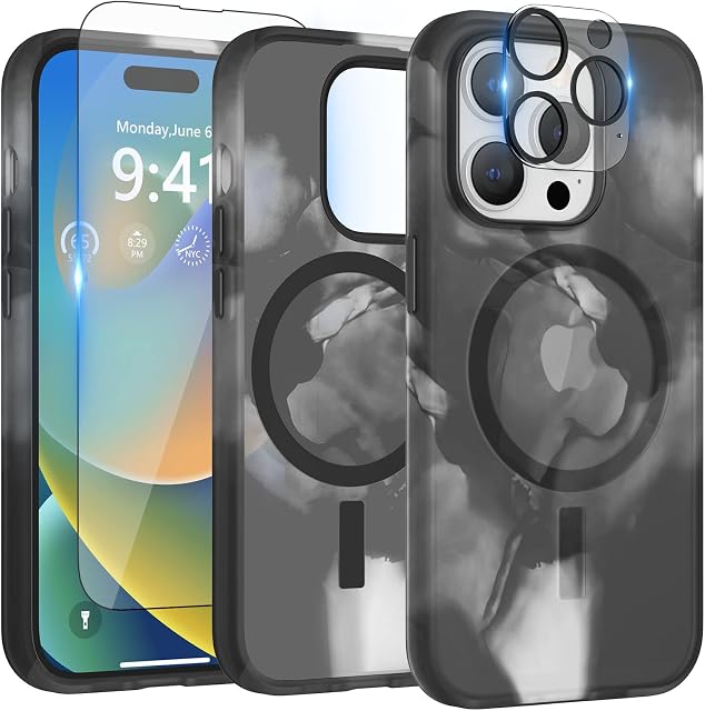 pcgaga Magnetic for iPhone 14 Pro Case with MagSafe, with Tempered Glass Screen Protector and Camera Lens Protector, Translucent Matte Flexible Slim Thin Phone Cover, 6.1 Inch, Black