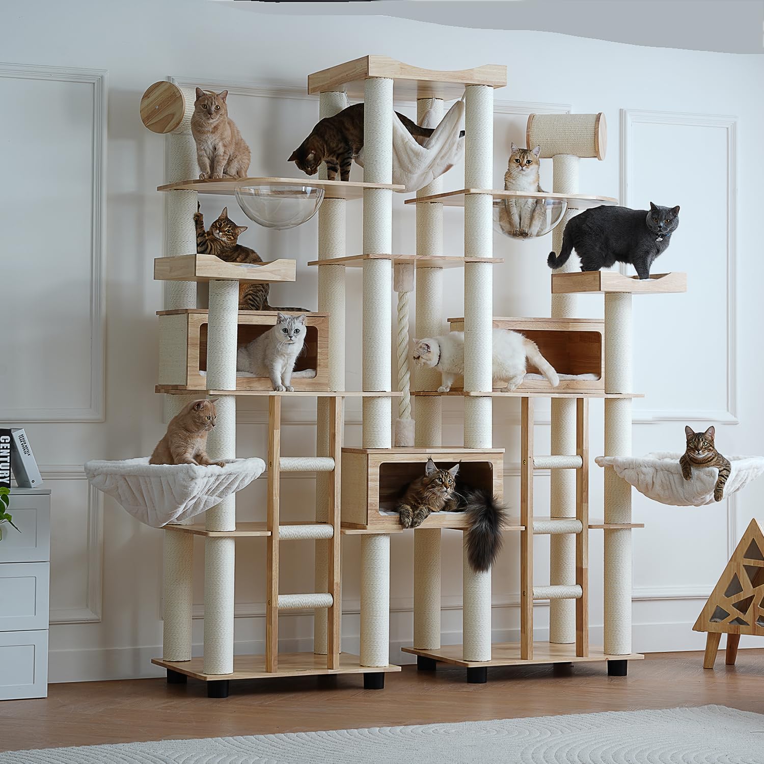 KAMABOKO 64" Tall Wooden Cat Tree Tower - With Cat Condo, Hammock & Perch - Natural Sisal Scratching Posts - Solid Pine For Large Cats