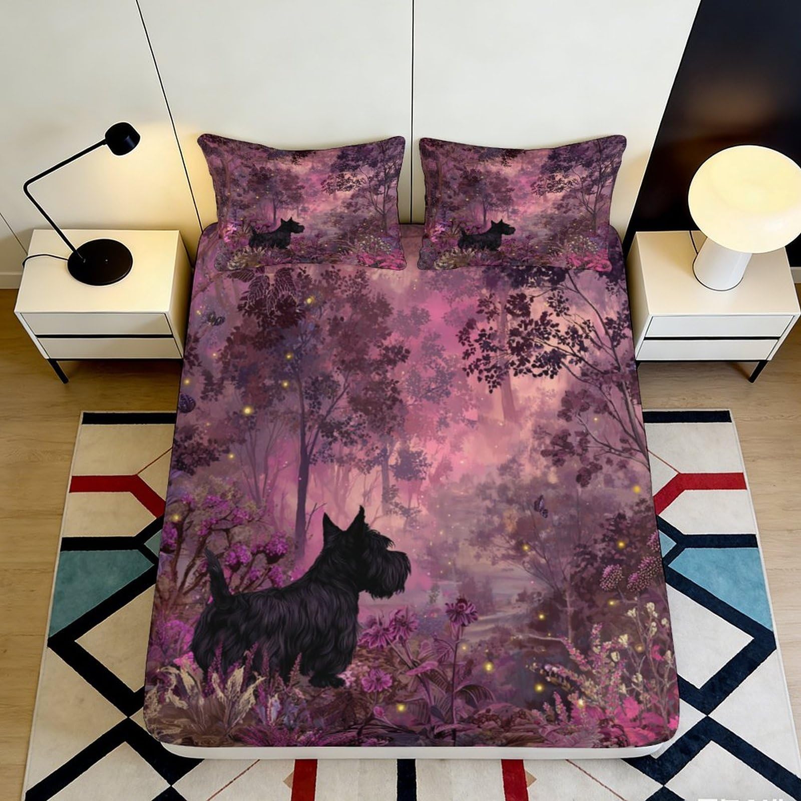 3D Printed Purple Forest Dog Fitted Sheet Microfiber Deep Pocket Bedroom Bedding Purple Dog Mattress Fitted Cover 120x200x25cm