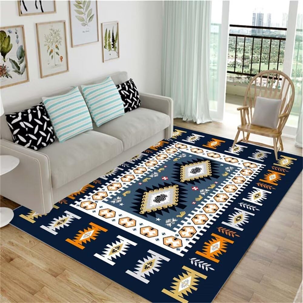 Tapis doux à poil court bleu géométrique pour décoration moderne