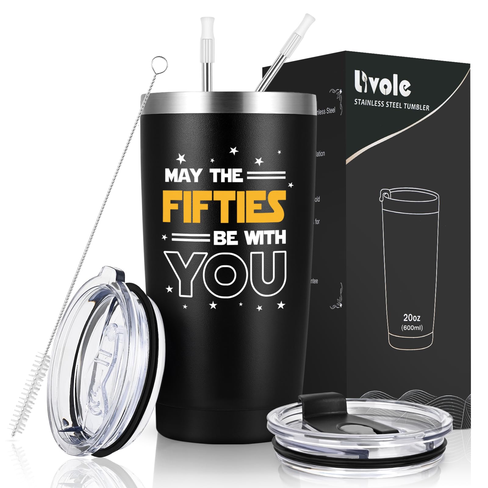 Livole Mens 50th Birthday Gifts Men, 50th Birthday Mug for Men, Him, Dad, May The Fifties Be with You, 20oz 600ml Insulated Wine Tumbler Travel Mug